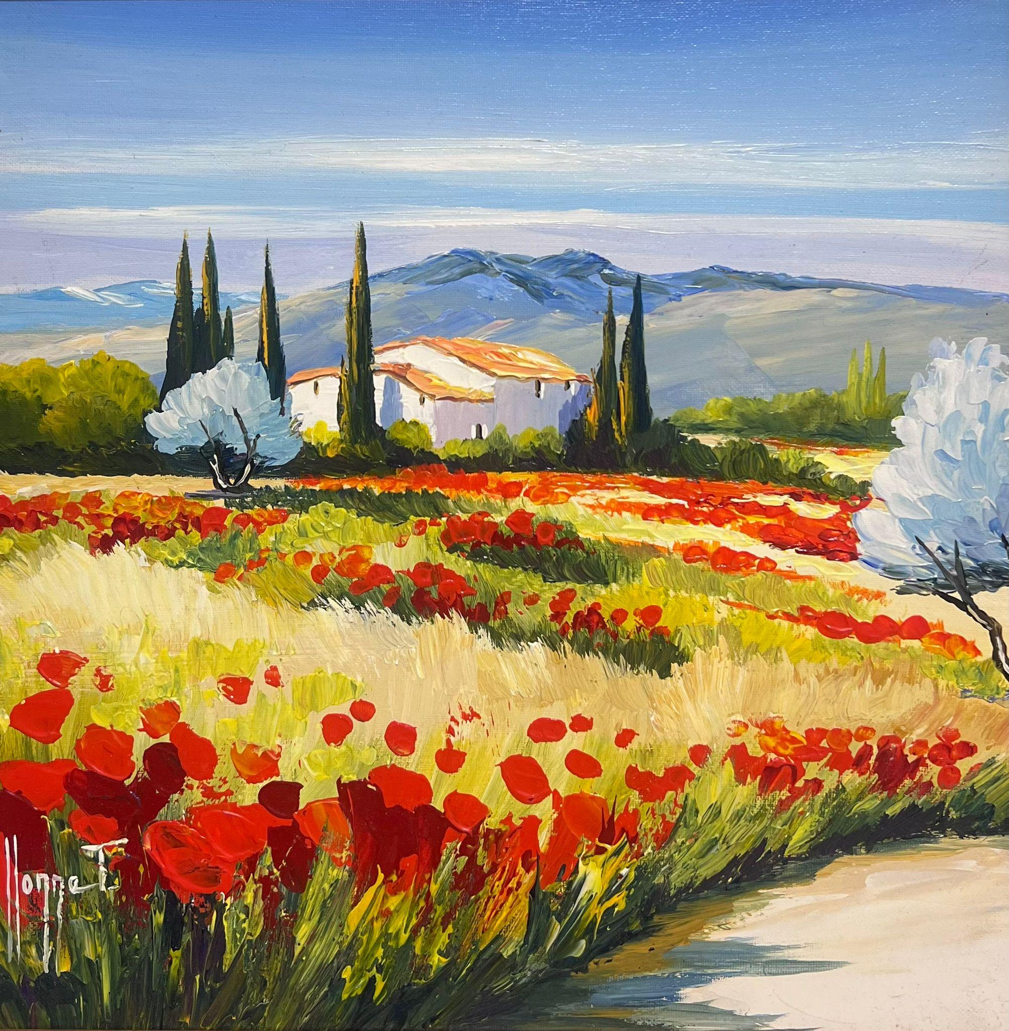 Poppy Fields in Provence Signed French Modernist Oil Painting Gilt Framed - Brown Landscape Painting by French School