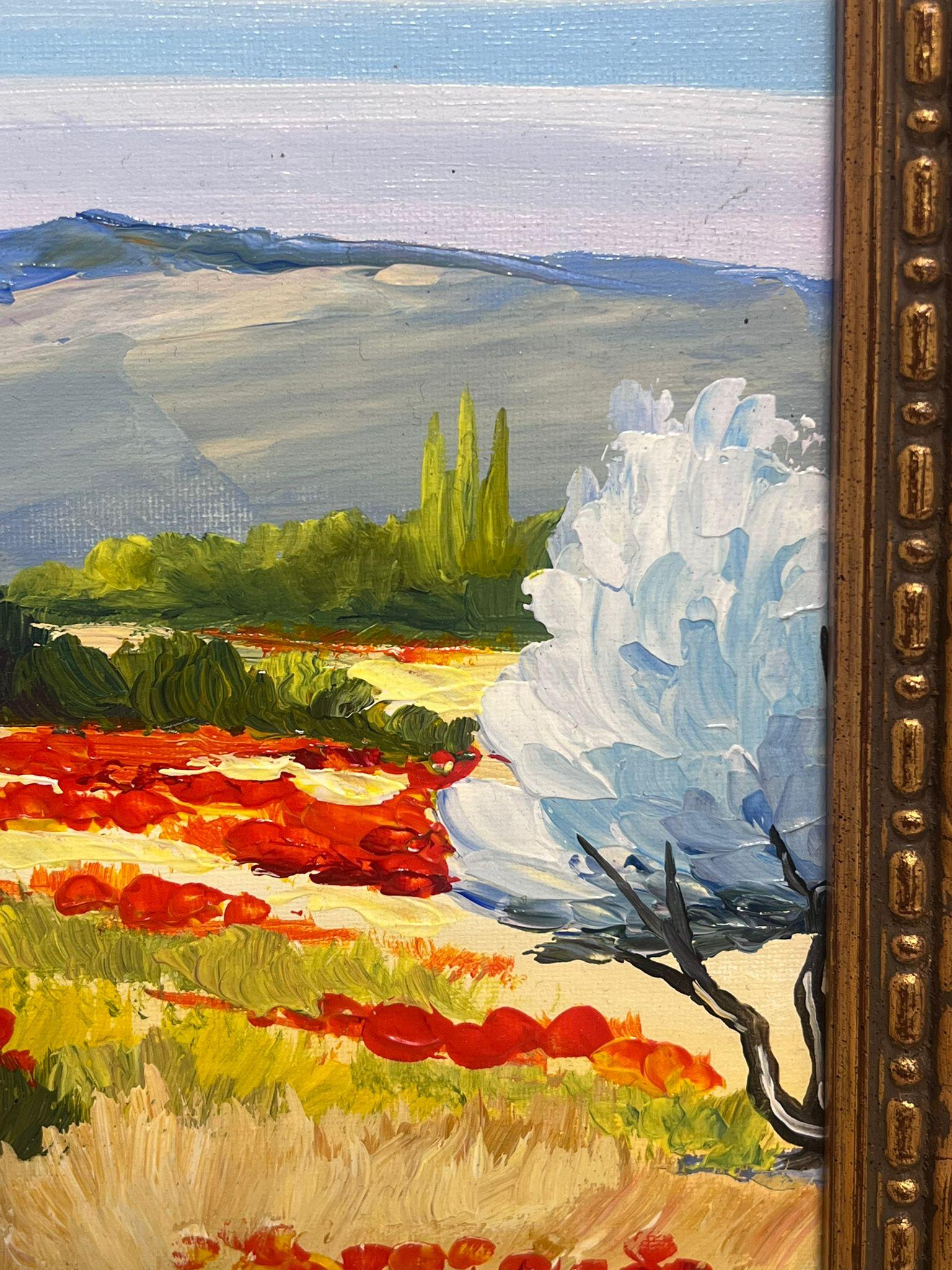 Poppy Fields in Provence Signed French Modernist Oil Painting Gilt Framed For Sale 1