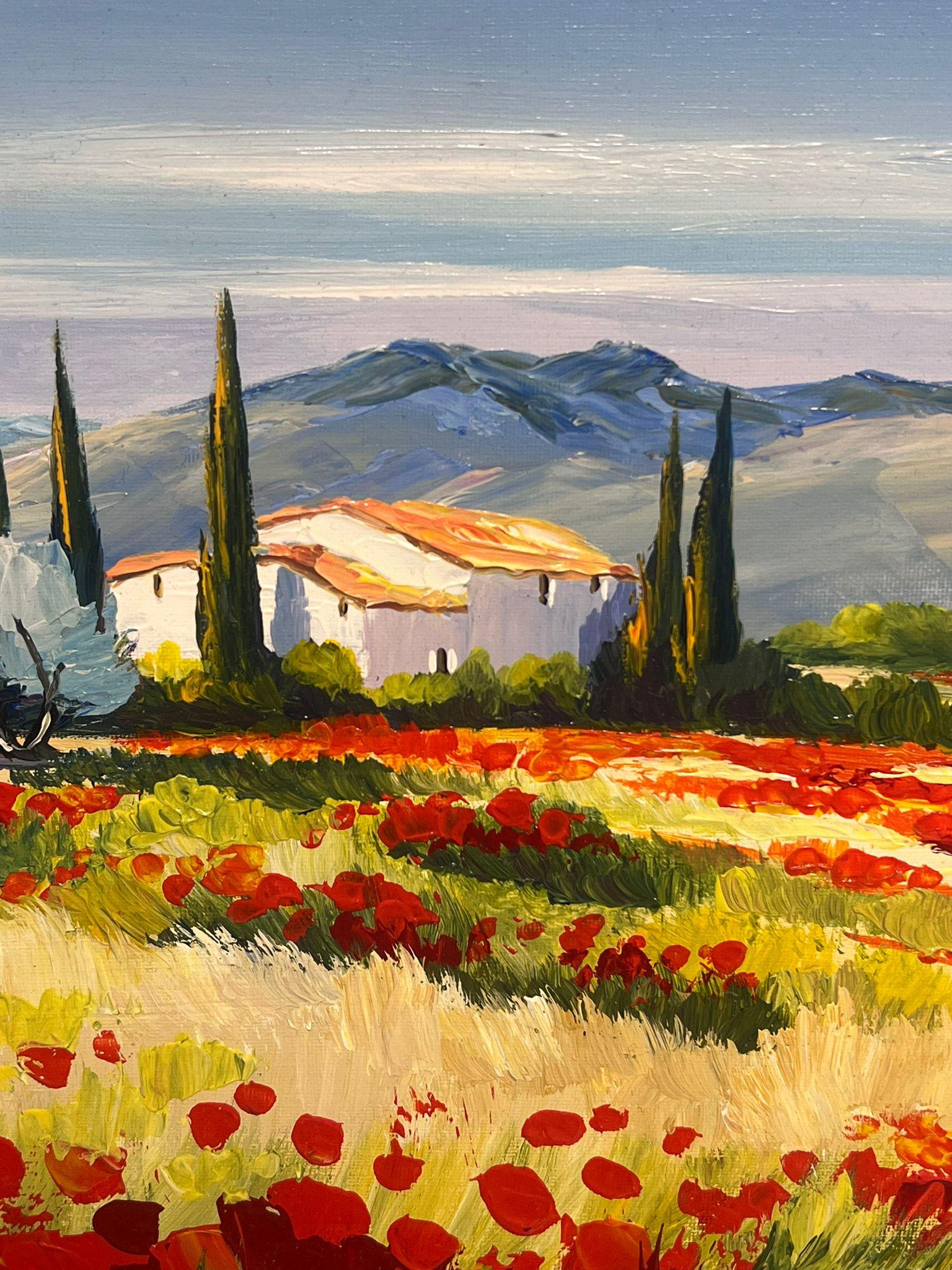 Poppy Fields in Provence Signed French Modernist Oil Painting Gilt Framed For Sale 2