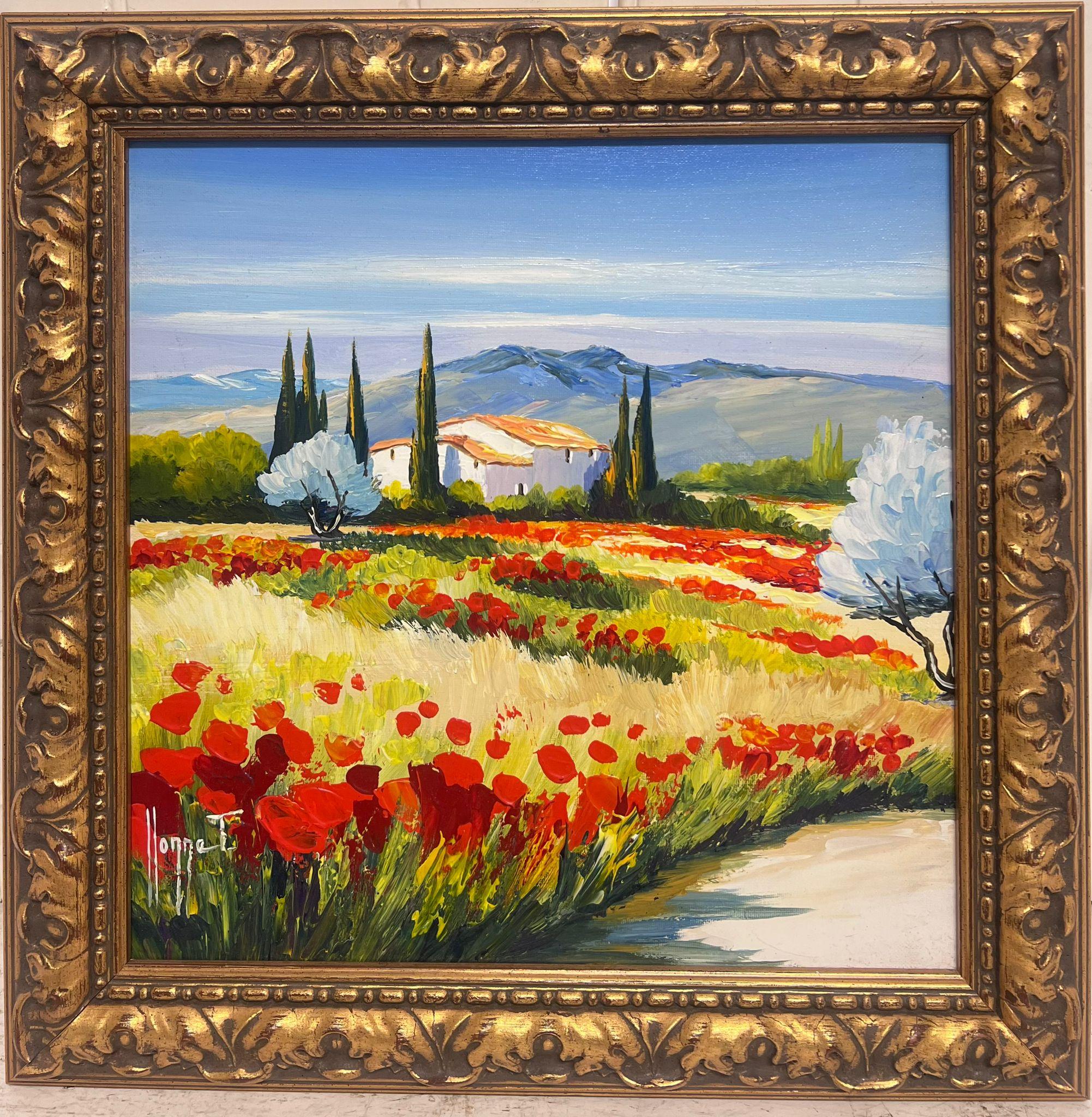 French School Landscape Painting - Poppy Fields in Provence Signed French Modernist Oil Painting Gilt Framed