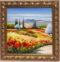 Vintage Poppy Fields in Provence Signed French Modernist Oil Painting Gilt Framed