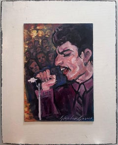 Portrait of Freddie Mercury signing Live, signed French Oil Painting