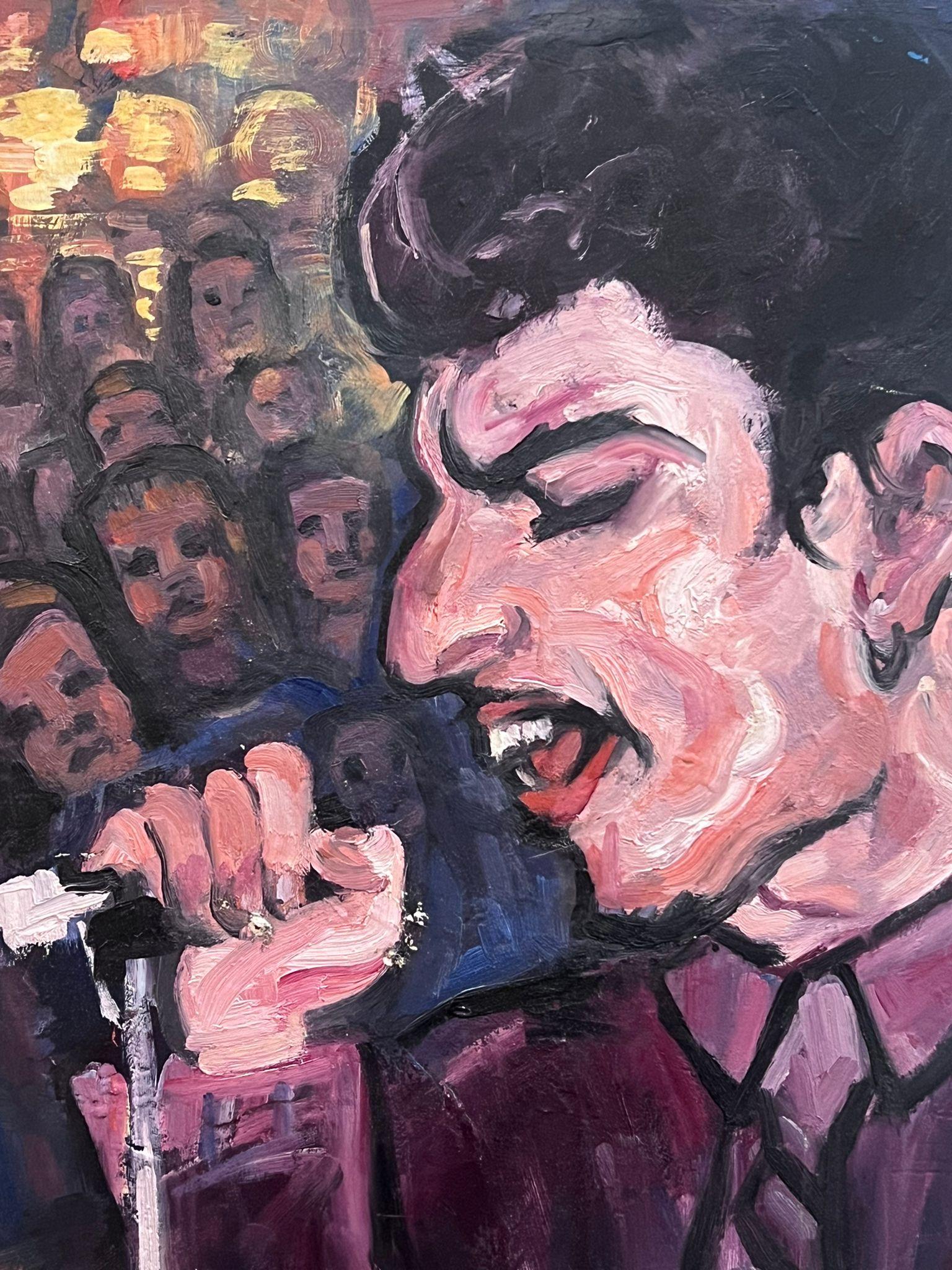 Porträt von Freddie Mercury, signiert Live, signiertes französisches Ölgemälde (Schwarz), Portrait Painting, von French School
