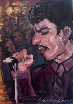 Portrait of Freddie Mercury signing Live, signed French Oil Painting