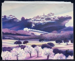 Purple French Village on a Hilltop with Blossoming Trees Provence Landscape