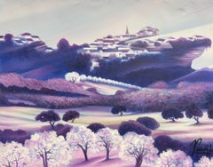 Purple French Village on a Hilltop with Blossoming Trees Provence Landscape
