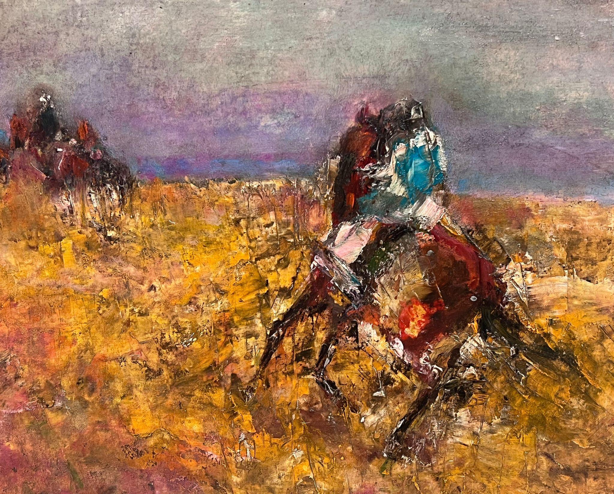 Racehorses Galloping in Burnt Orange Field Beautiful French Expressionist Oil  For Sale 1