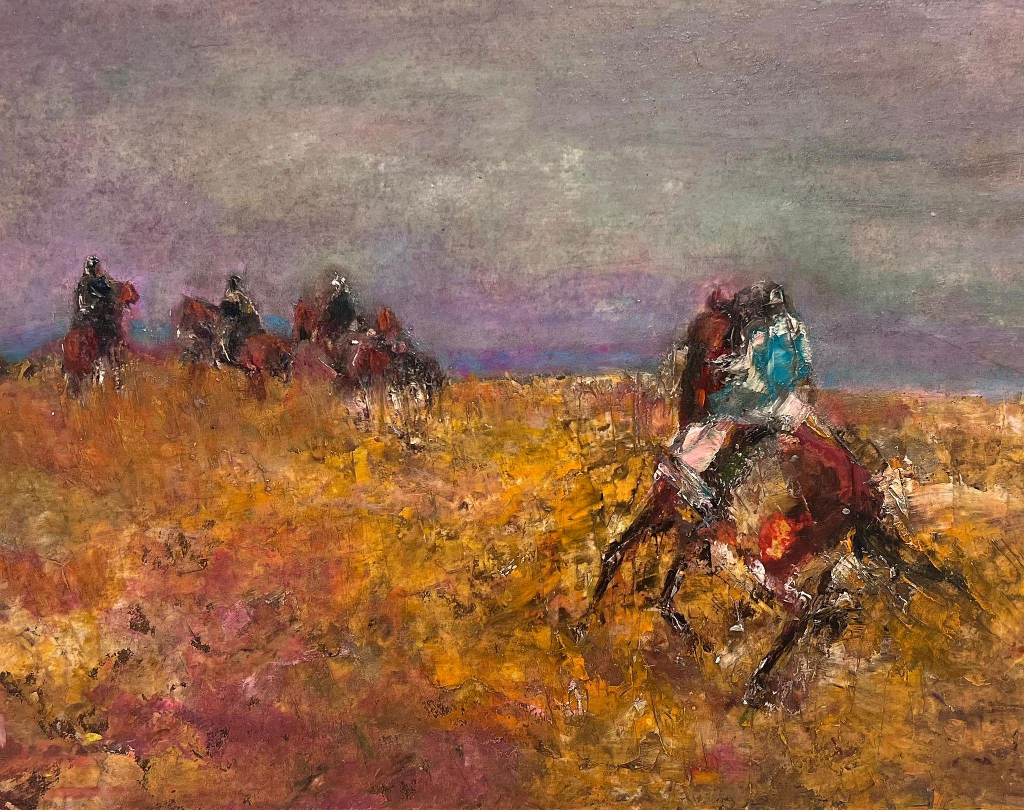 Landscape Painting di French School - Cavalli da corsa al galoppo in un campo arancione bruciato Bellissimo olio espressionista francese