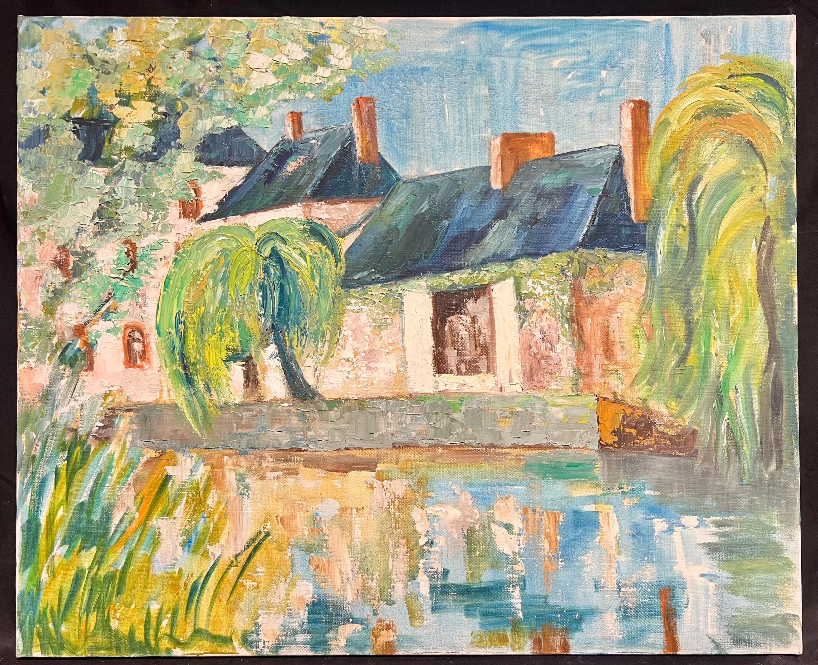 Riverside Cottages Grande dipinto a olio impressionista francese di un paesaggio acquatico - Painting di French School