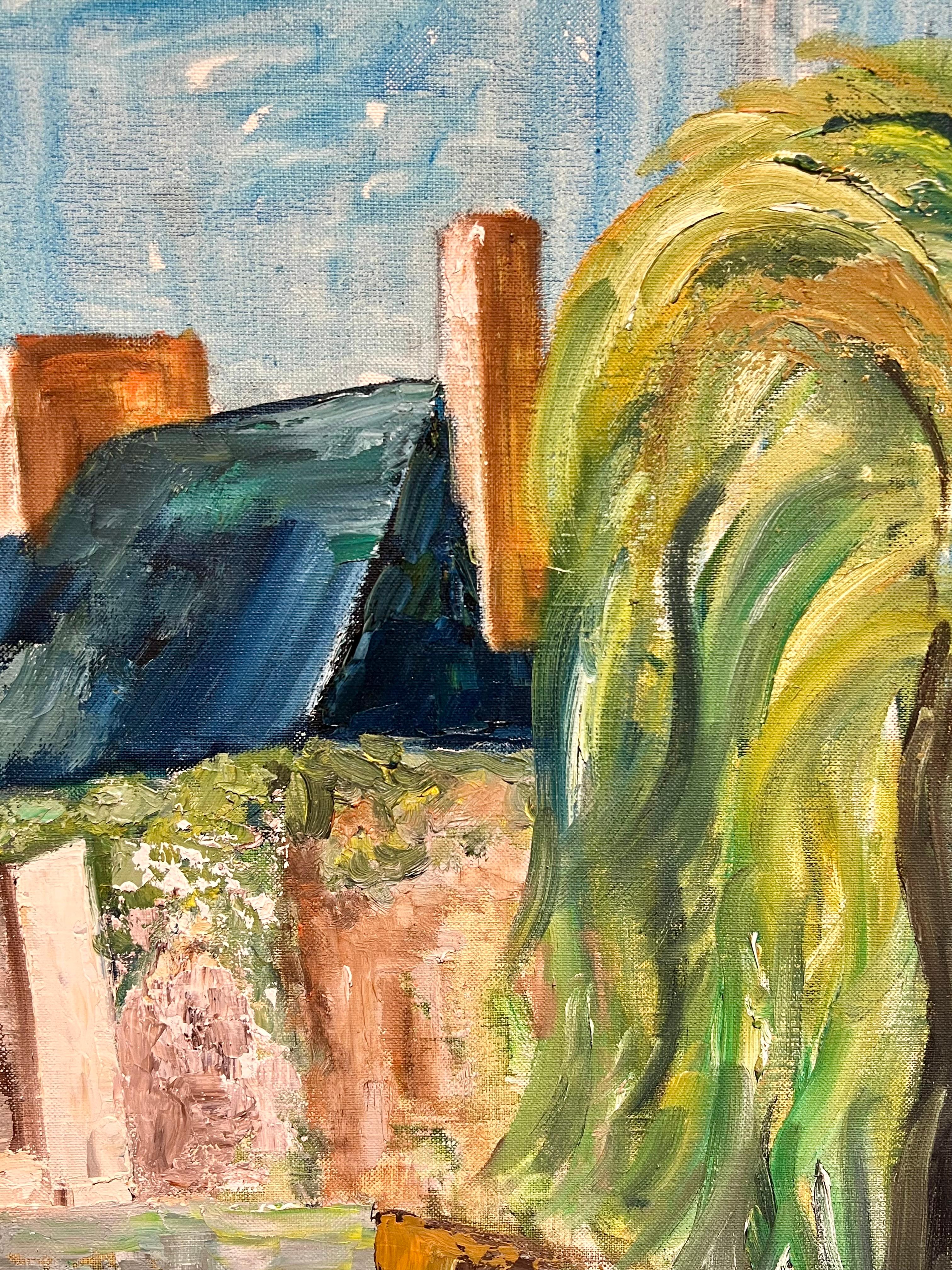 Riverside Cottages Grande dipinto a olio impressionista francese di un paesaggio acquatico - Painting Postimpressionismo di French School