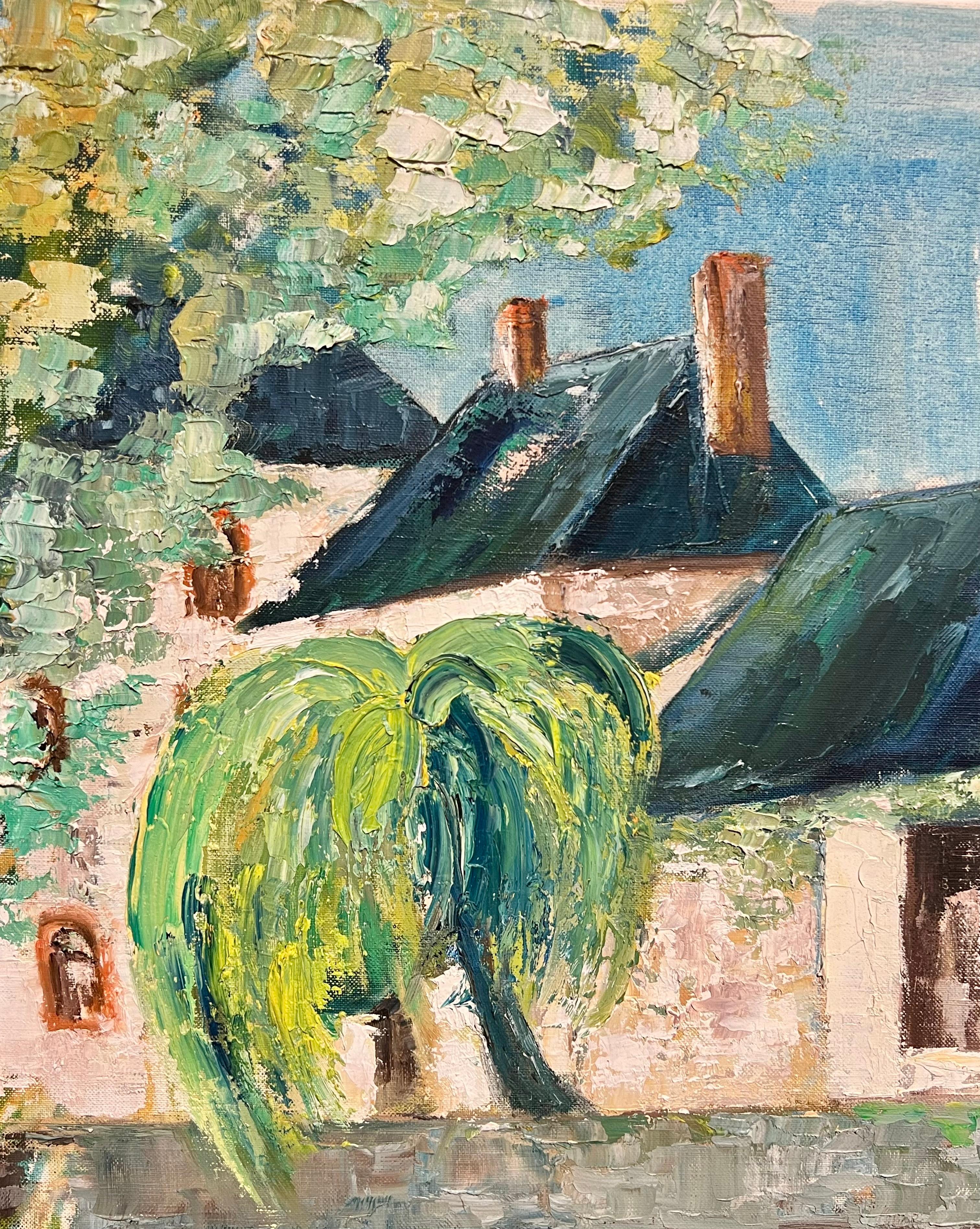 Riverside Cottages Grande dipinto a olio impressionista francese di un paesaggio acquatico - Landscape Painting Beige di French School