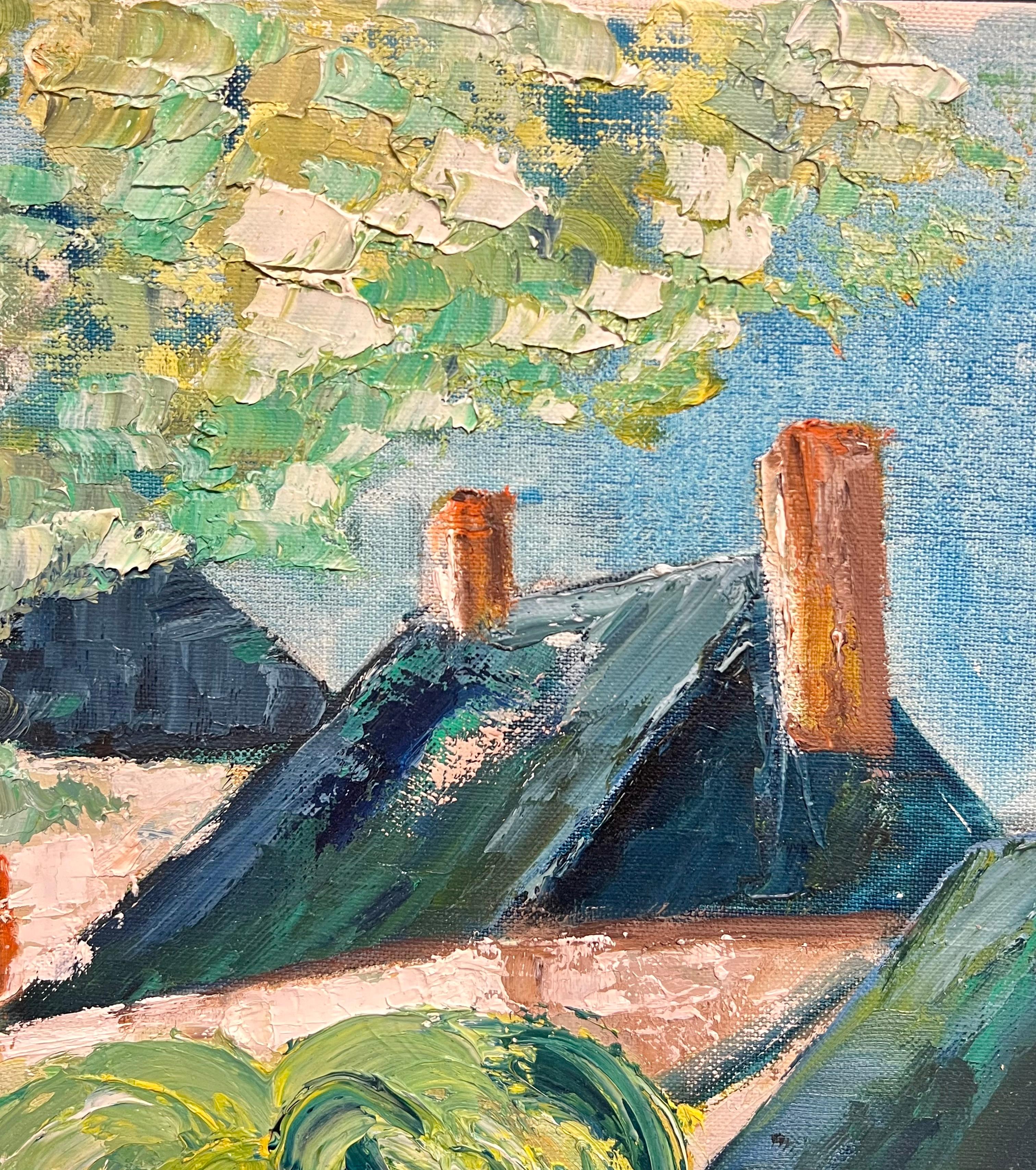 Riverside Cottages Grande dipinto a olio impressionista francese di un paesaggio acquatico in vendita 1