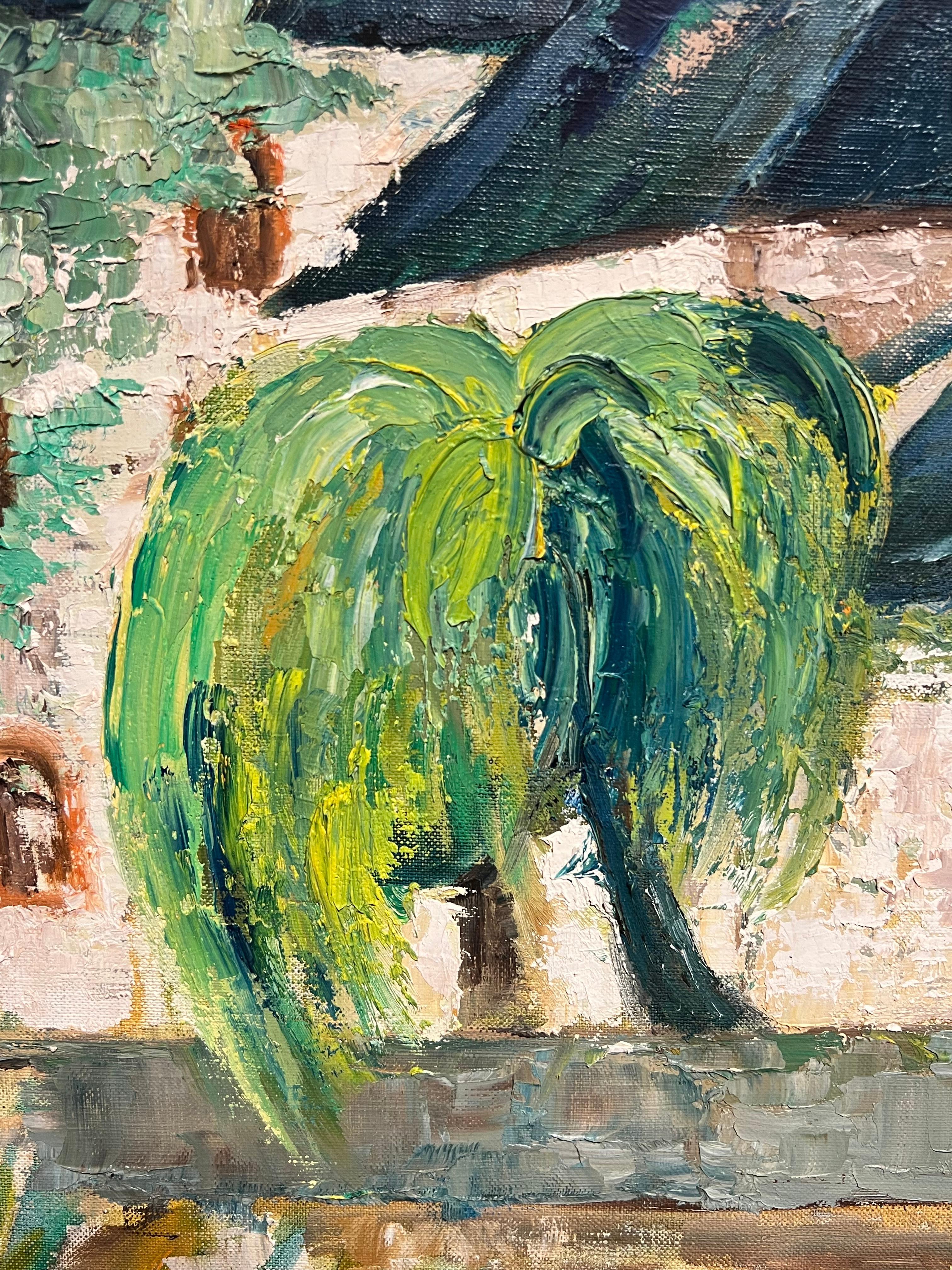 Riverside Cottages Grande dipinto a olio impressionista francese di un paesaggio acquatico in vendita 2