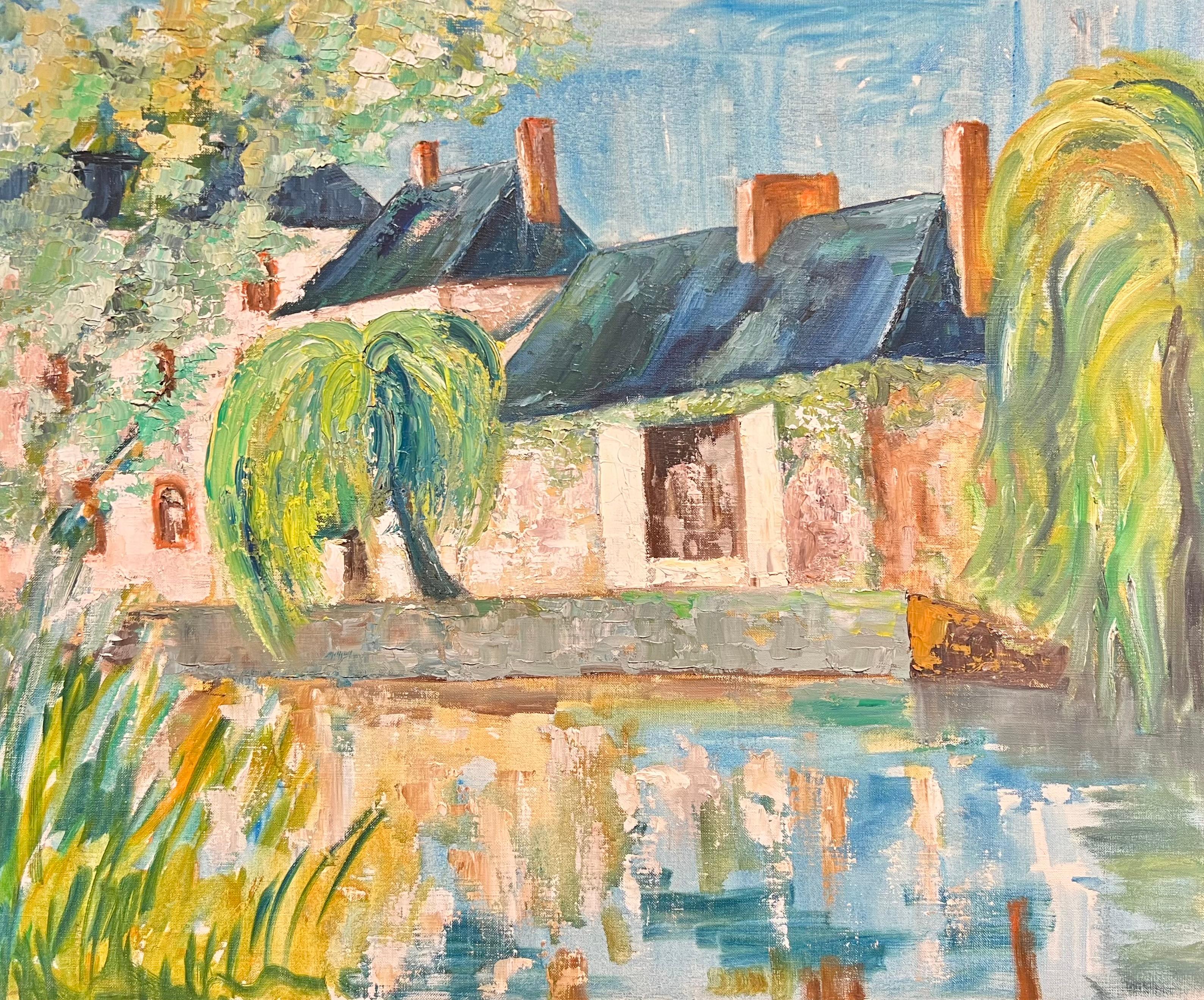 Landscape Painting di French School - Riverside Cottages Grande dipinto a olio impressionista francese di un paesaggio acquatico