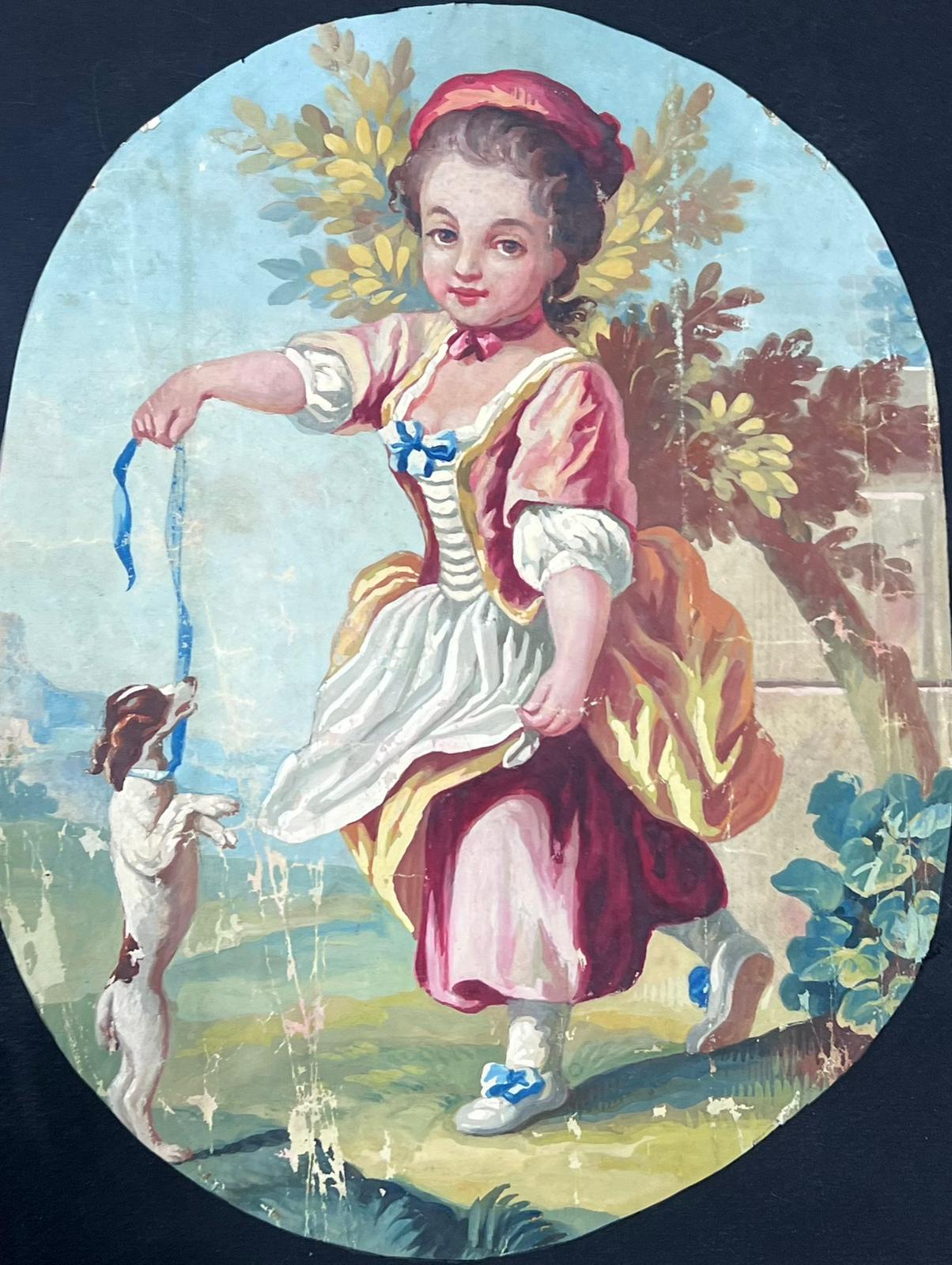 Pintura de estilo rococó de una joven con su perro en un entorno pastoral - Painting de French School
