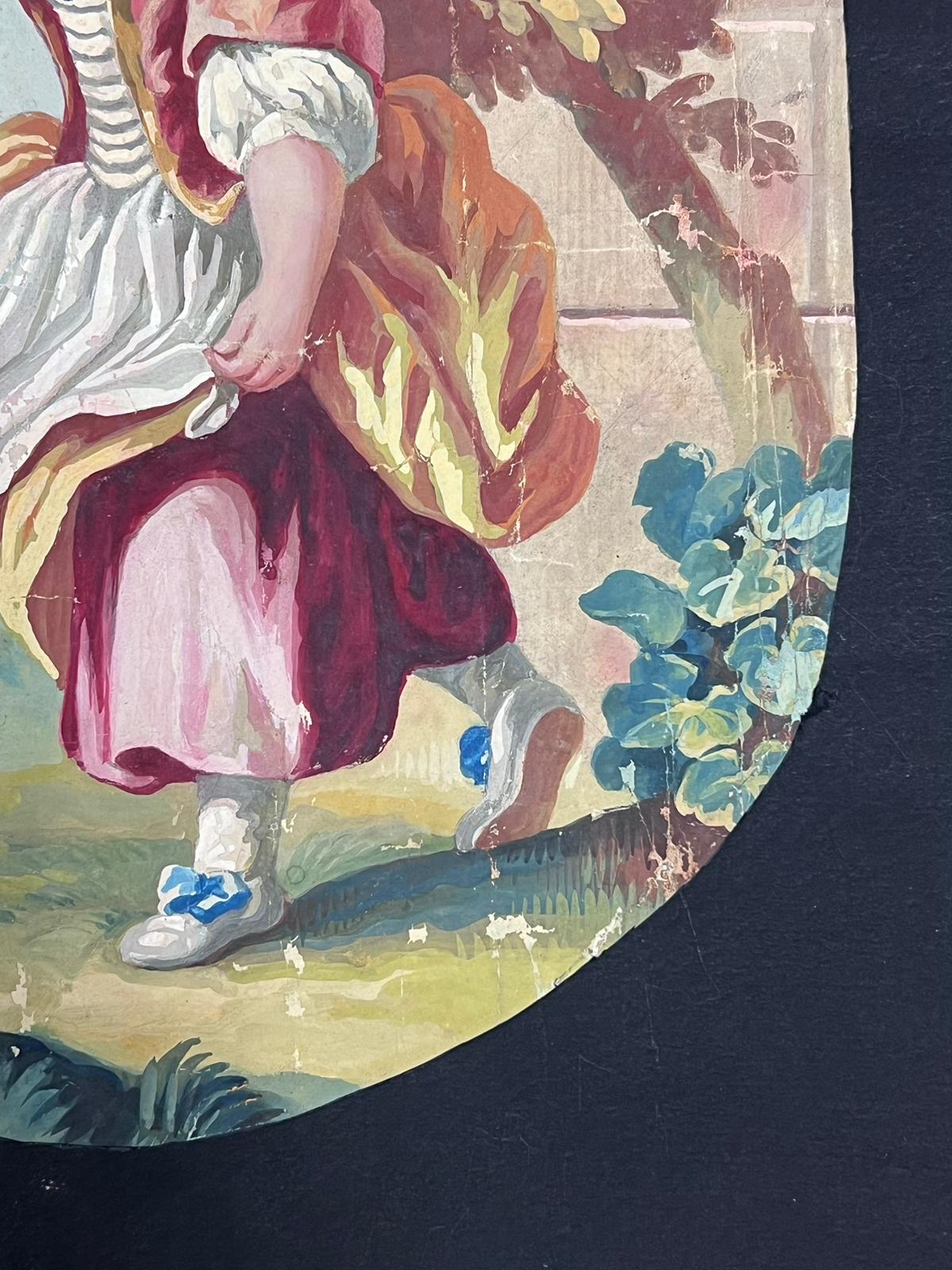 Pintura de estilo rococó de una joven con su perro en un entorno pastoral - Painting Rococó de French School