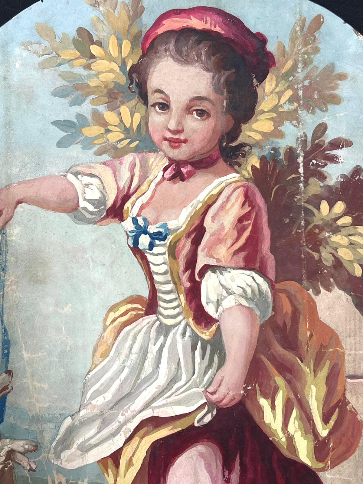 Pintura de una joven con su perro 
óleo sobre papel de artista, pegado en papel negro
cuadro: 13 x 10 pulgadas
procedencia: colección privada
estado: muy bueno y en buen estado 

Descripción: Este encantador cuadro de inspiración rococó representa a