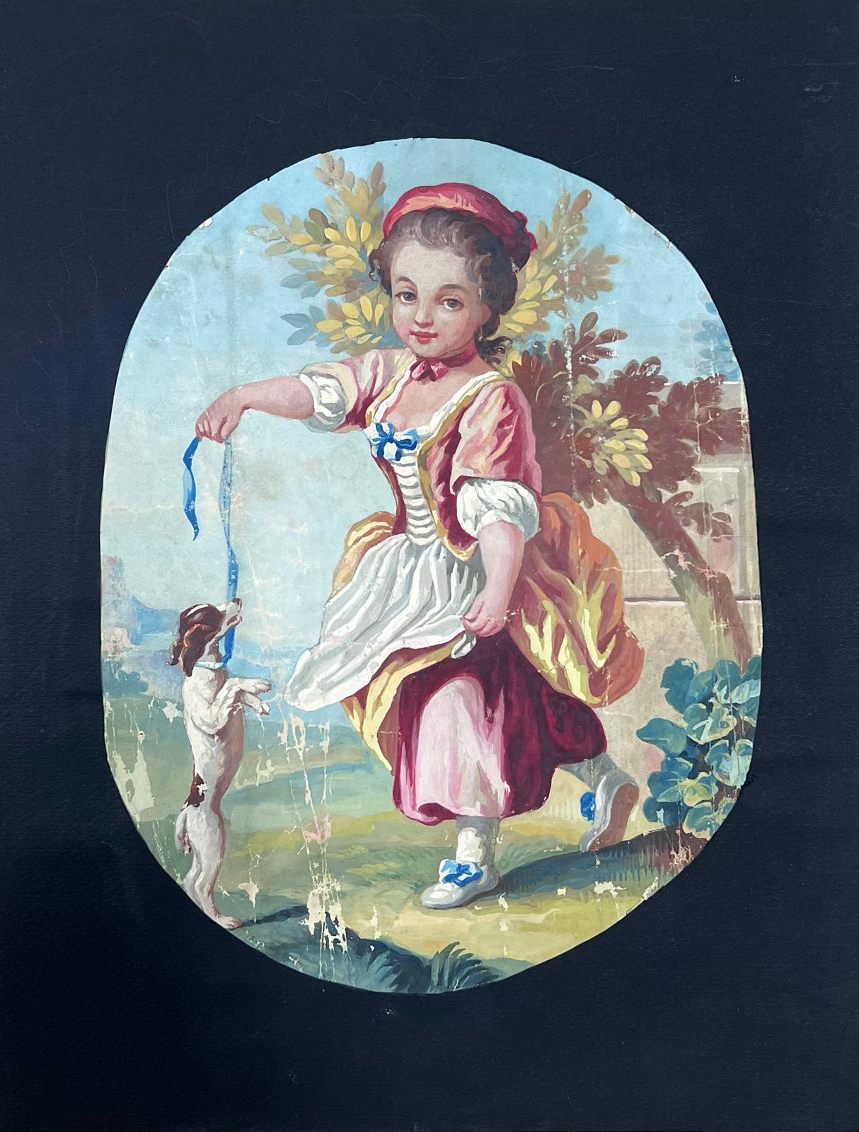 Animal Painting de French School - Pintura de estilo rococó de una joven con su perro en un entorno pastoral