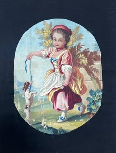 Peinture de style rococo représentant une jeune fille avec son chien dans un cadre pastoral
