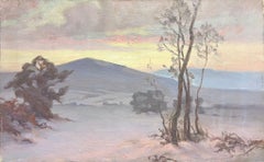 Peinture à l'huile sur toile française romantique d'un paysage d'hiver des années 1930