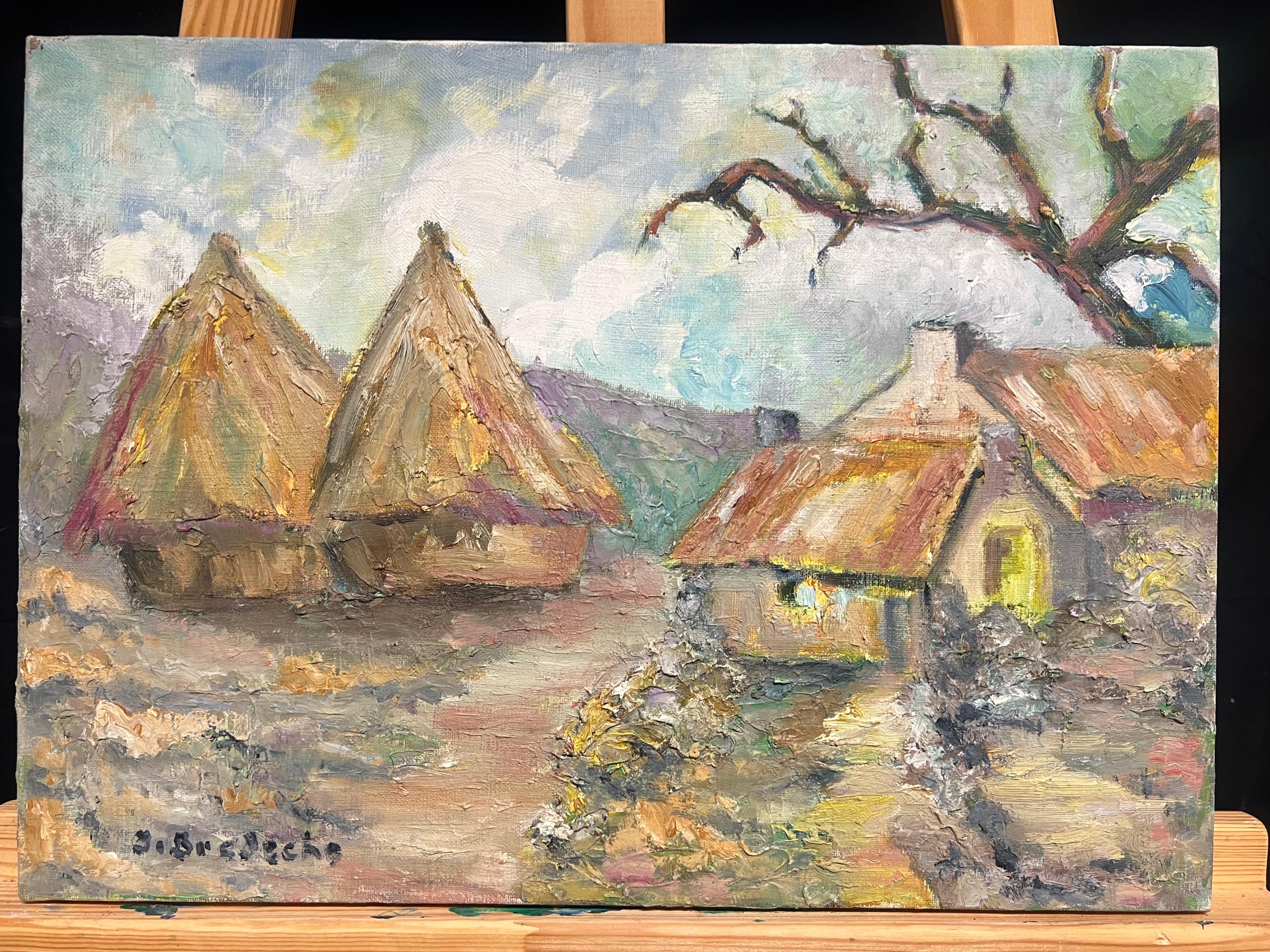 Rural French Post Impressionist Signed Oil Haystacks in Landscape - Painting by French School