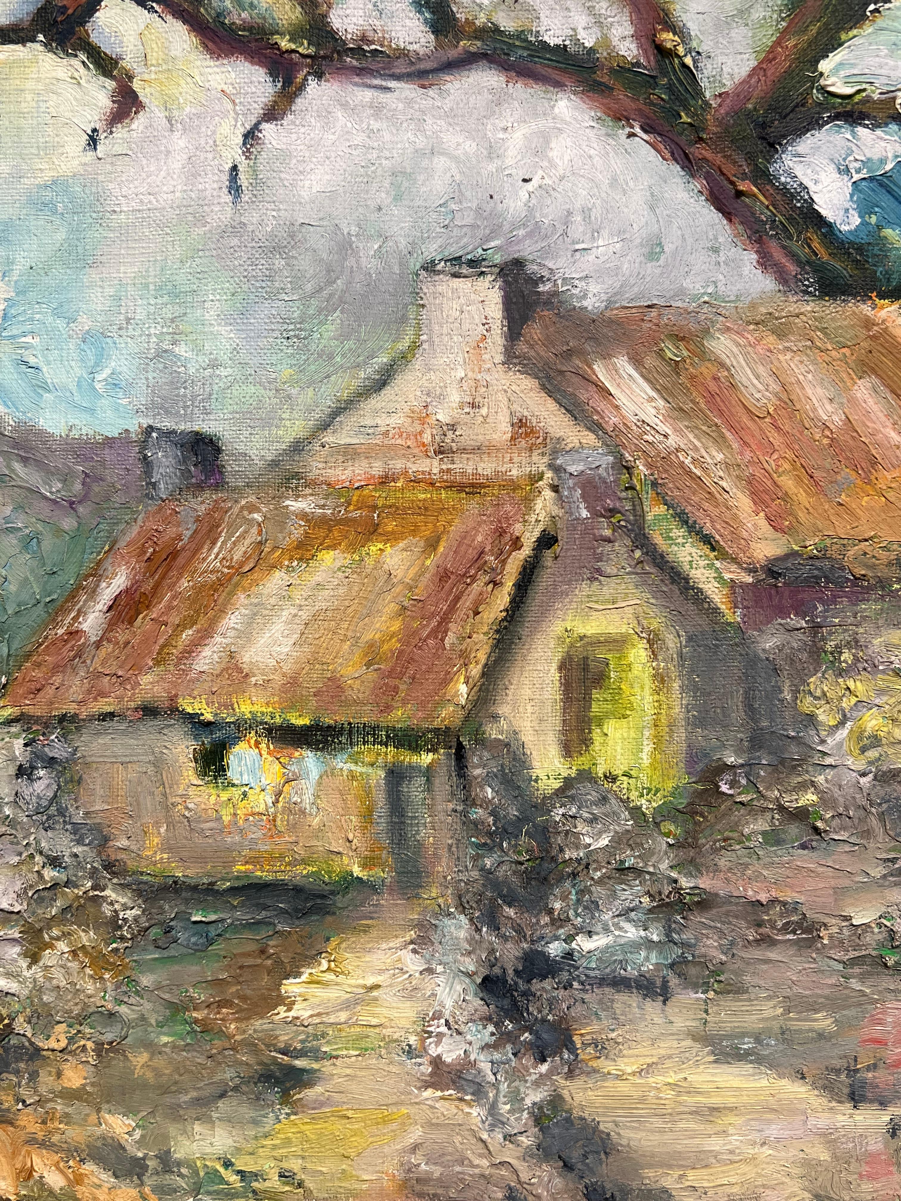 Rural French Post Impressionist Signed Oil Haystacks in Landscape For Sale 1