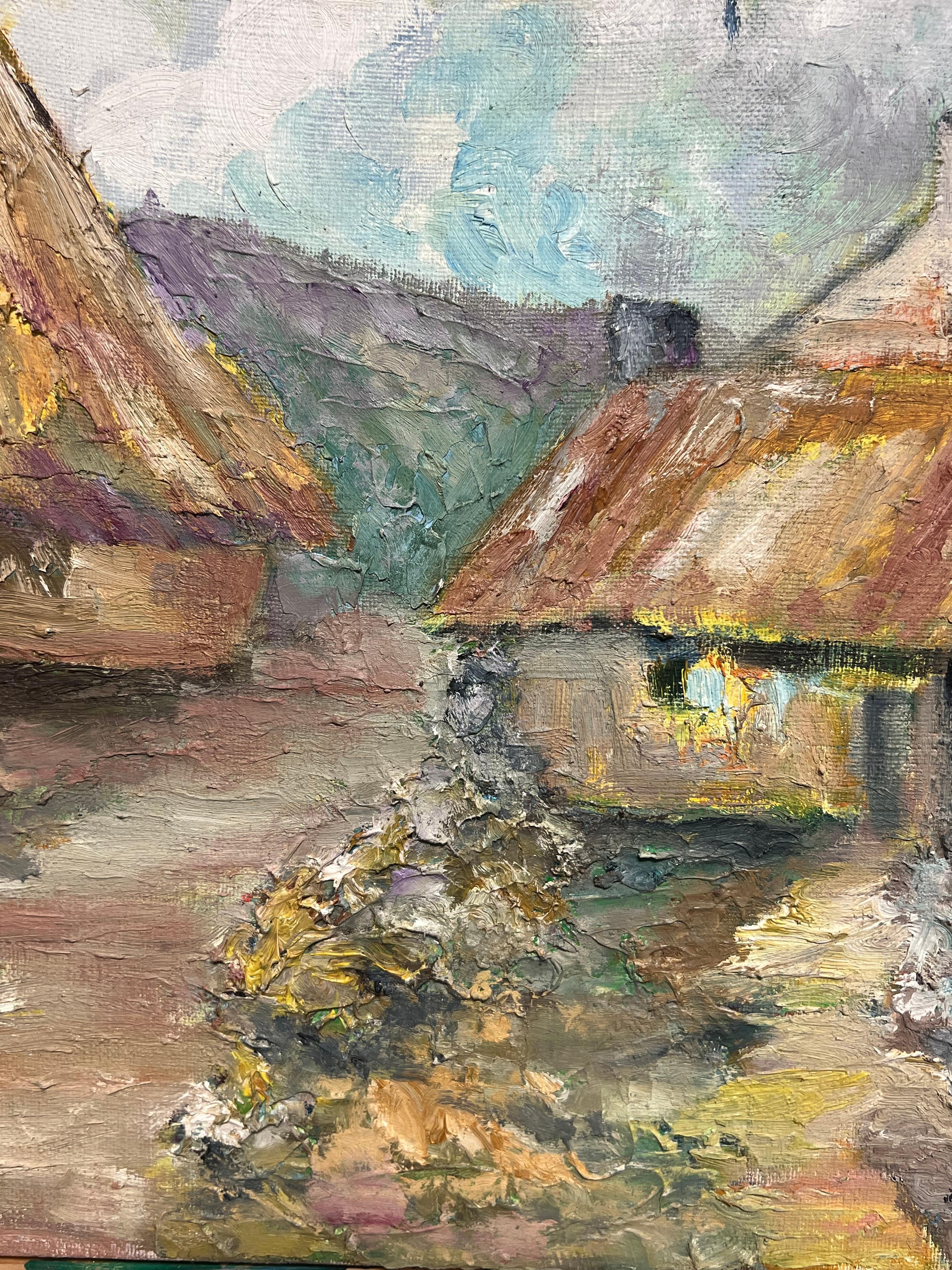 Rural French Post Impressionist Signed Oil Haystacks in Landscape For Sale 2