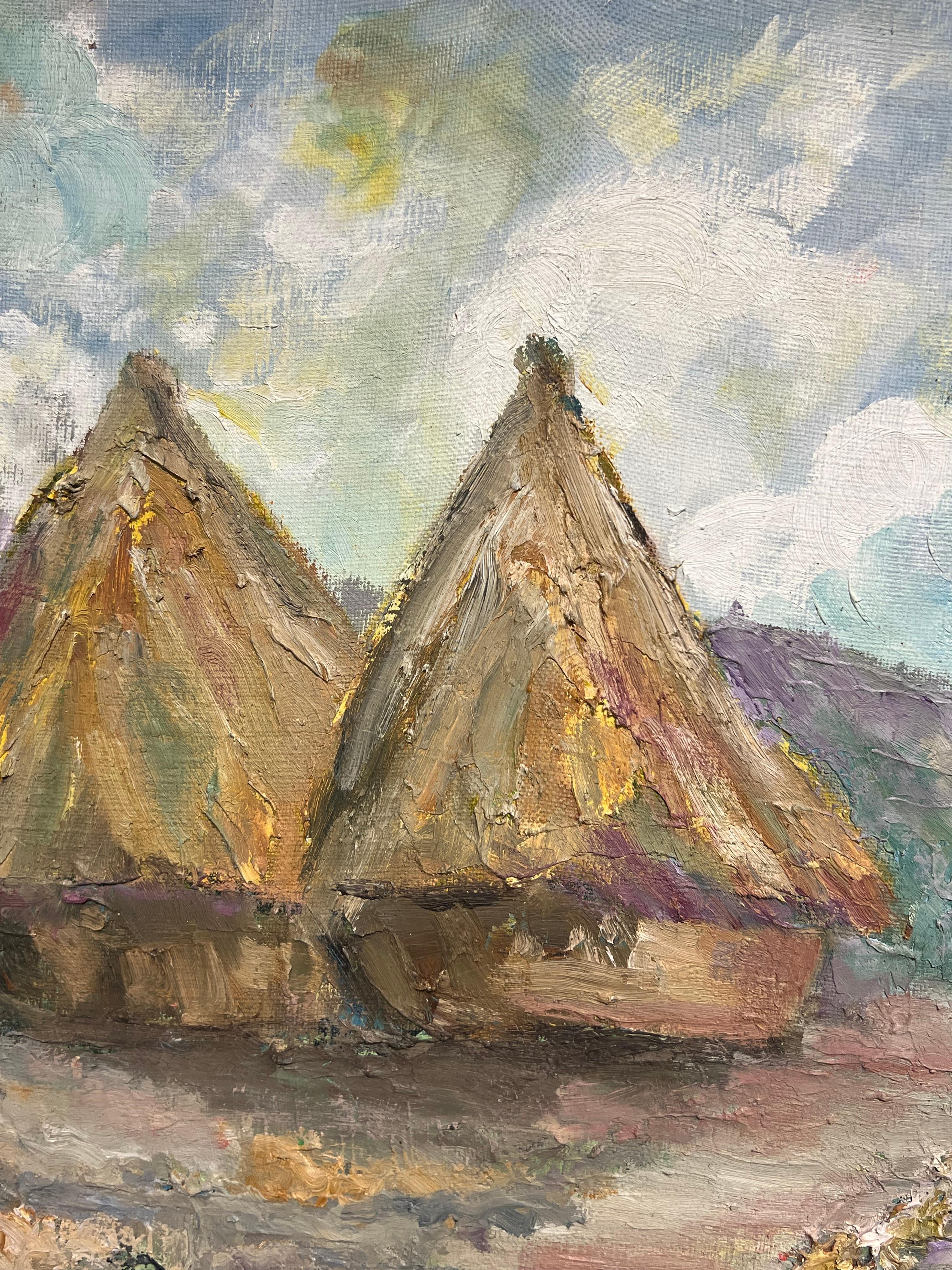 Rural French Post Impressionist Signed Oil Haystacks in Landscape For Sale 3