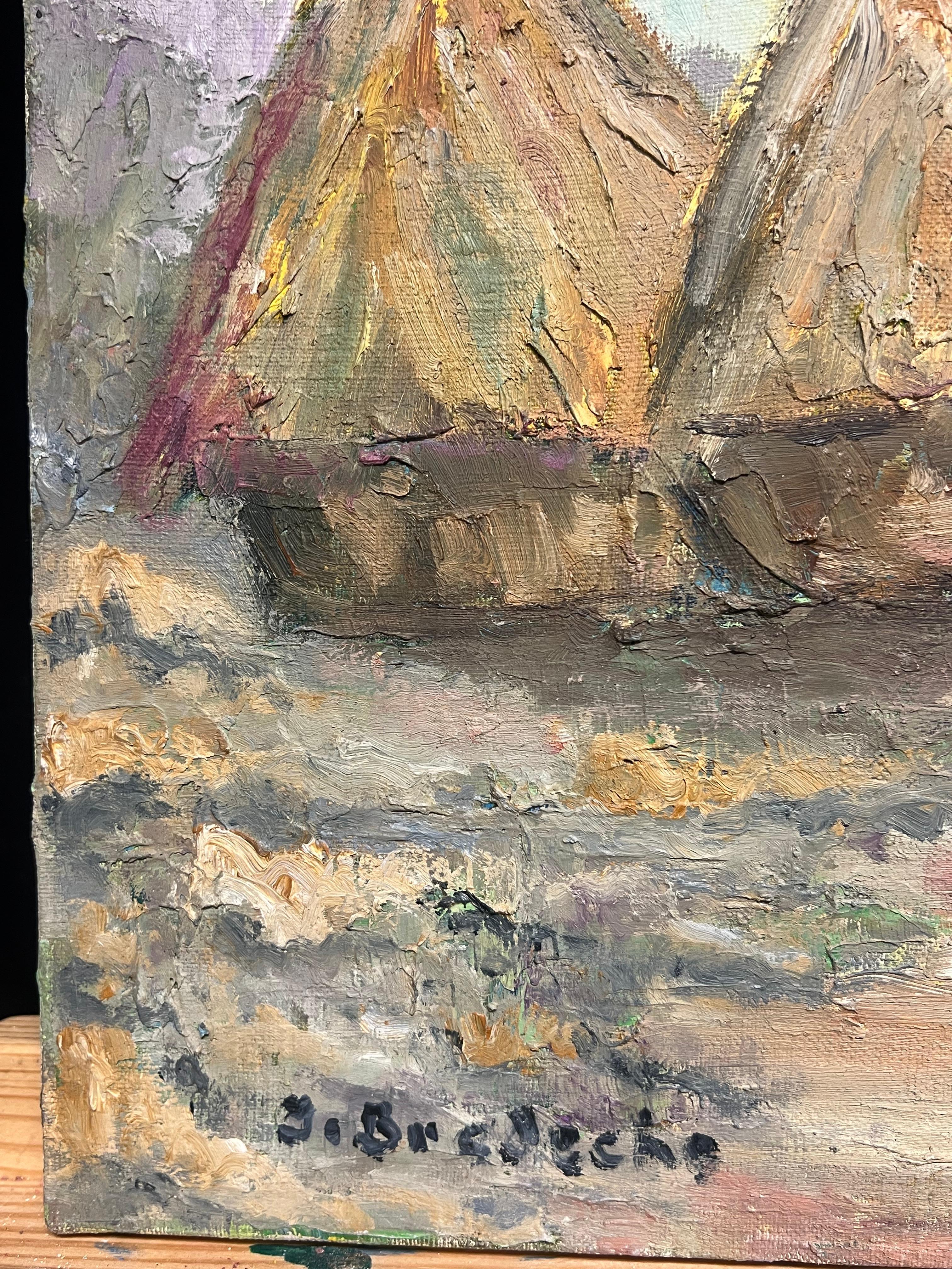 Rural French Post Impressionist Signed Oil Haystacks in Landscape For Sale 5