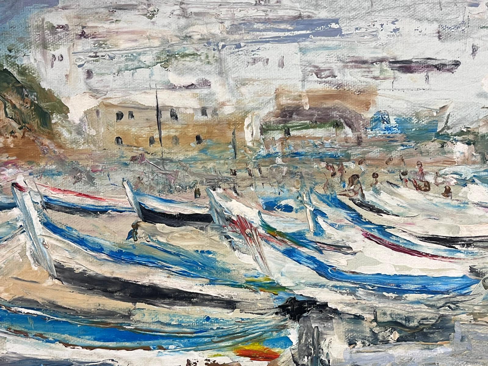 Sailing Boats in South of France Harbor Vintage French Oil Painting 20th Century - Beige Landscape Painting by Unknown