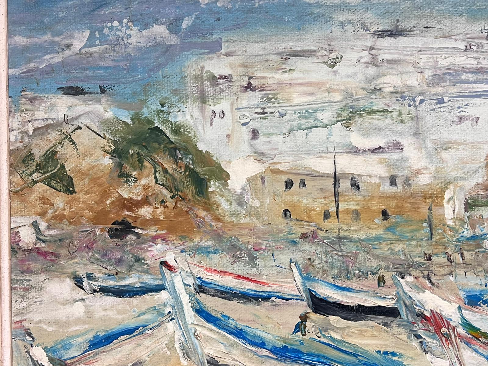 Sailing Boats in South of France Harbor Vintage French Oil Painting 20th Century For Sale 1