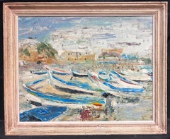 Sailing Boats in South of France Harbor Vintage French Oil Painting 20th Century