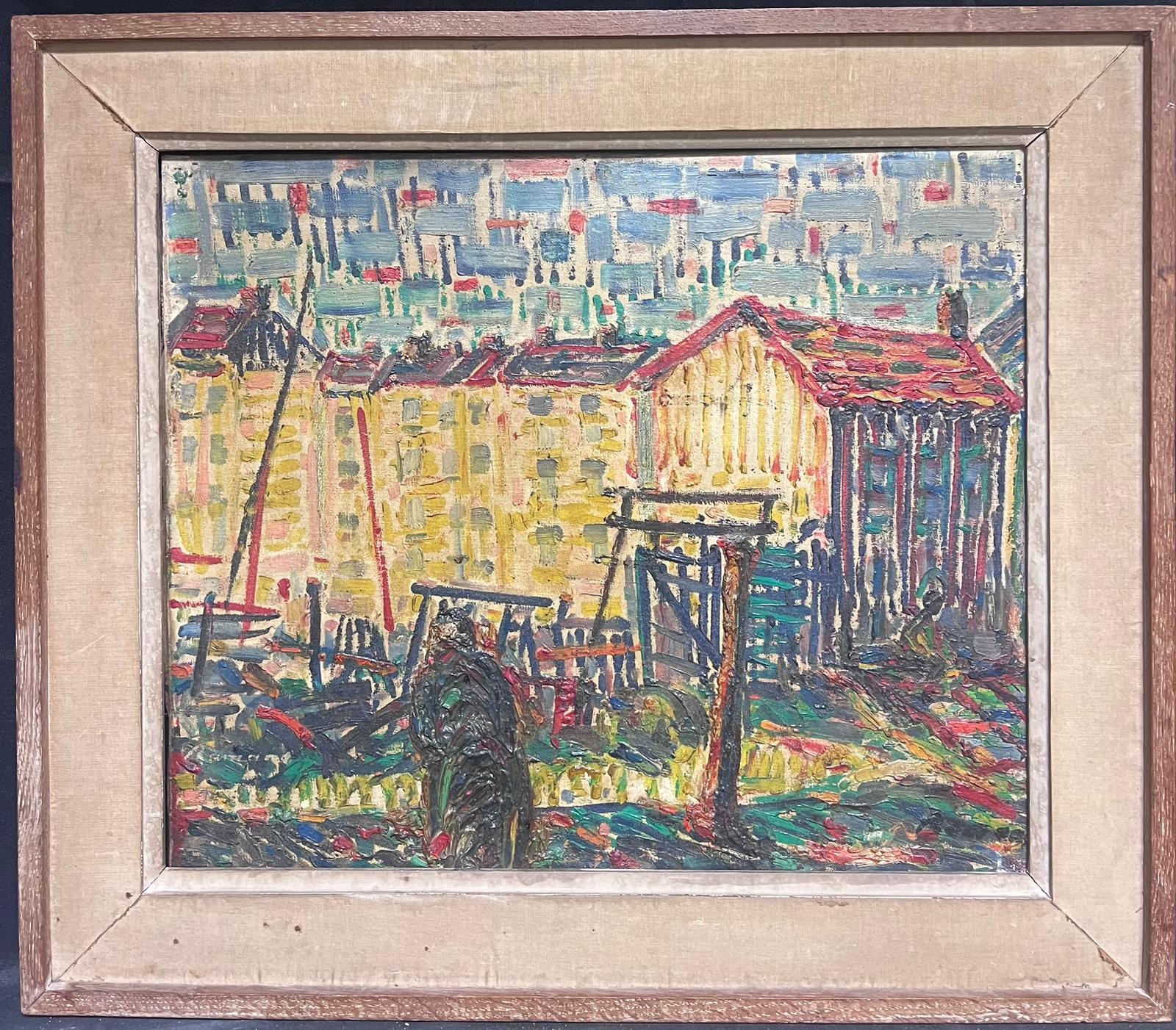 Landscape Painting French School - Grande peinture expressionniste moderniste de St Tropez des années 1950, signée