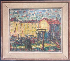 Grande peinture expressionniste moderniste de St Tropez des années 1950, signée