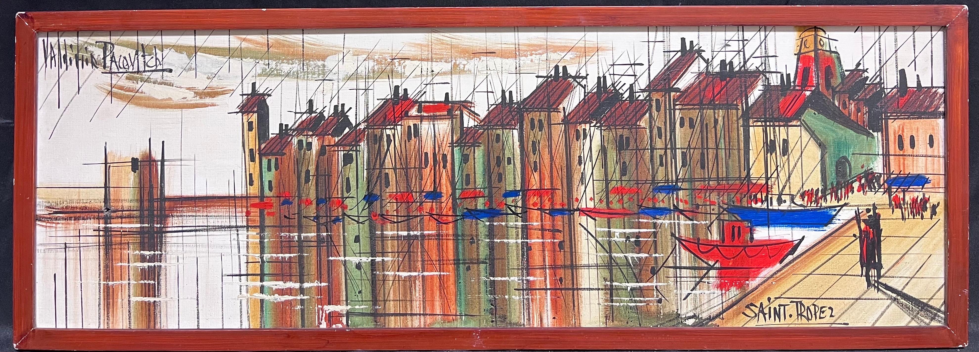 Puerto de St Tropez Francia Gran óleo modernista francés de los años 70 sobre lienzo - Painting de French School