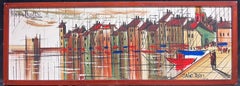 St Tropez Harbor France Large 1970's French Modernist Oil Painting on Canvas