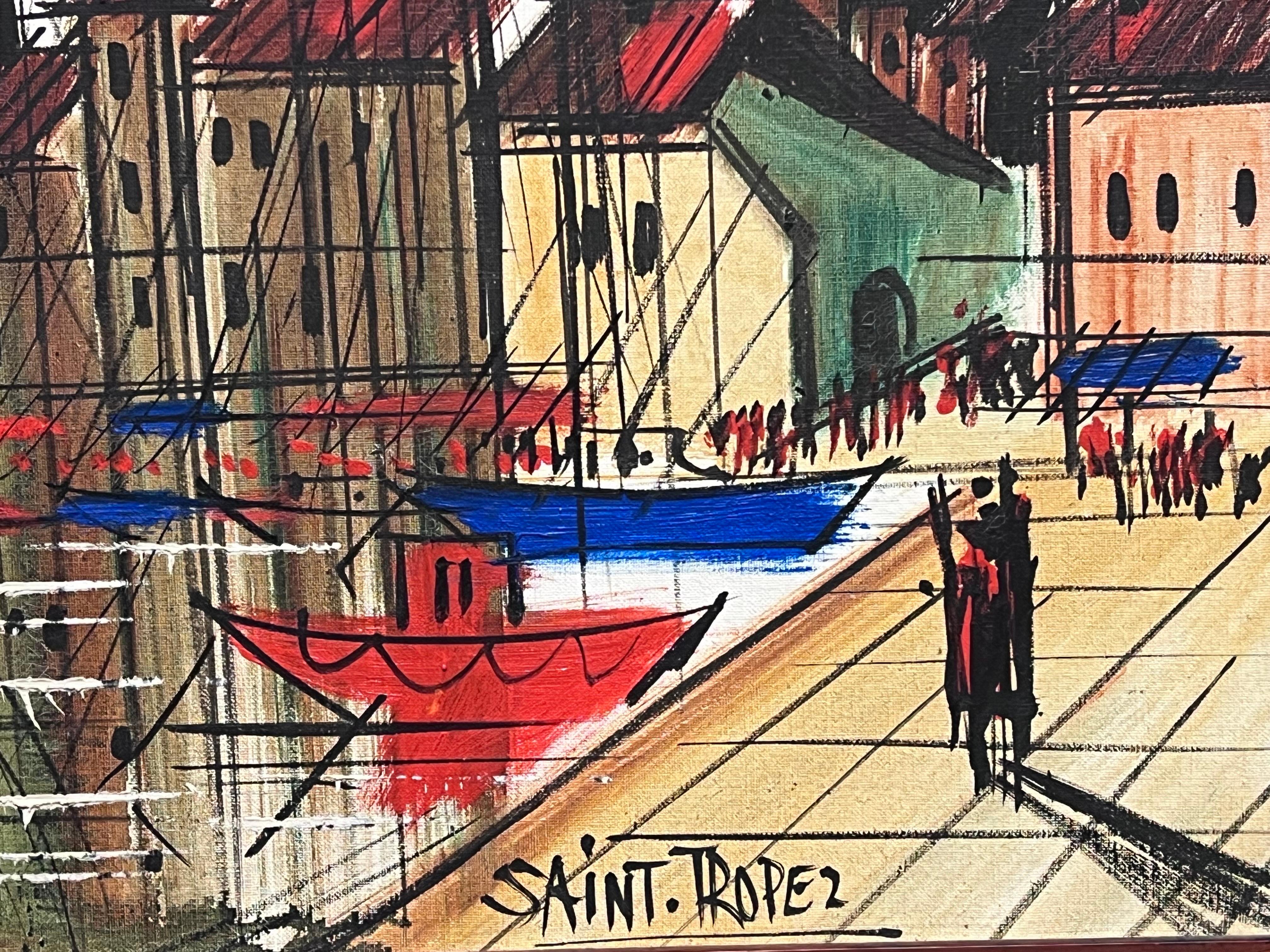 Puerto de St Tropez Francia Gran óleo modernista francés de los años 70 sobre lienzo - Abstract Painting Marrón de French School