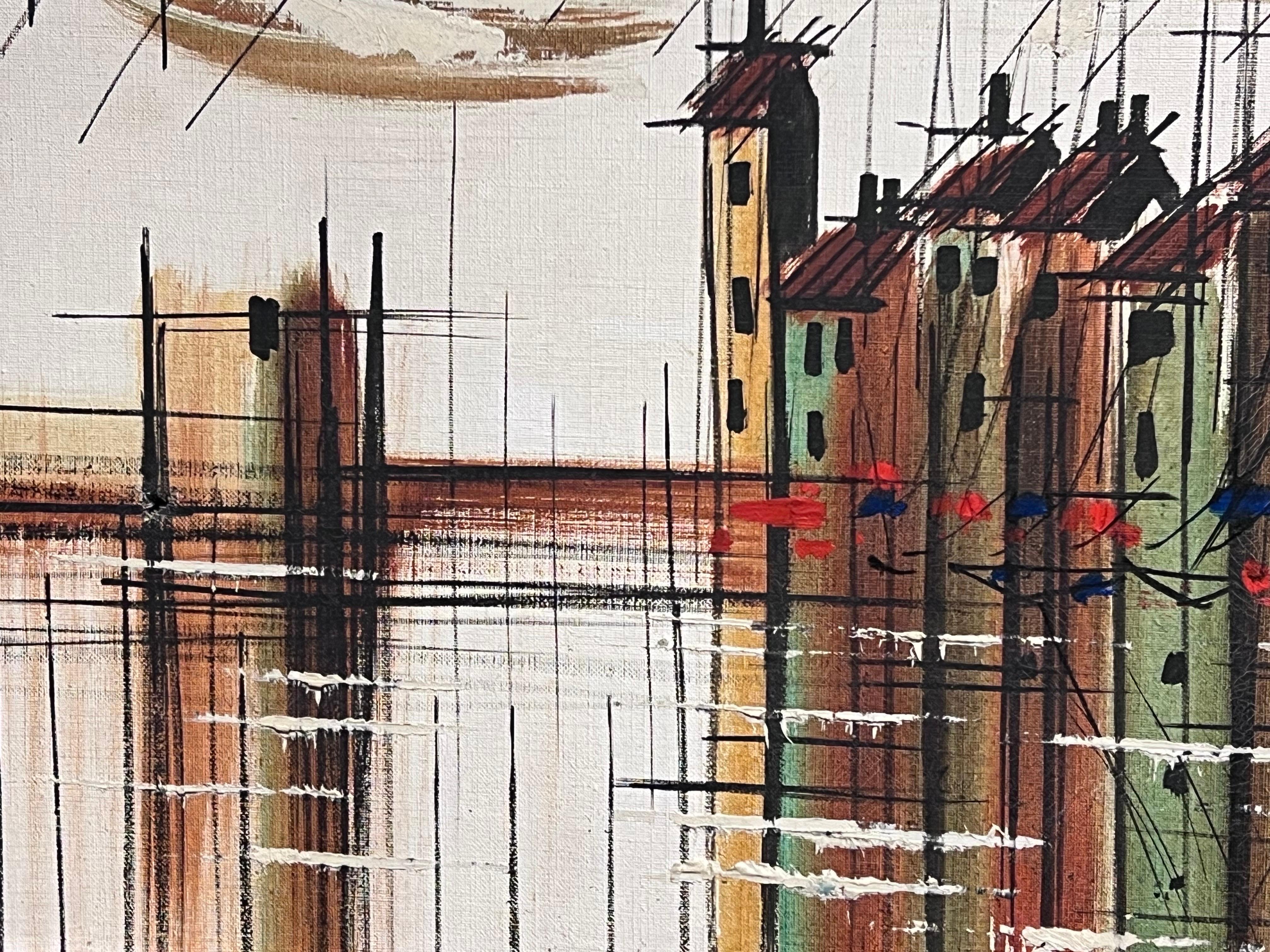 Puerto de St Tropez Francia Gran óleo modernista francés de los años 70 sobre lienzo en venta 1