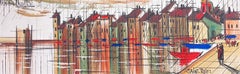 St Tropez Harbor France Large 1970's French Modernist Oil Painting on Canvas
