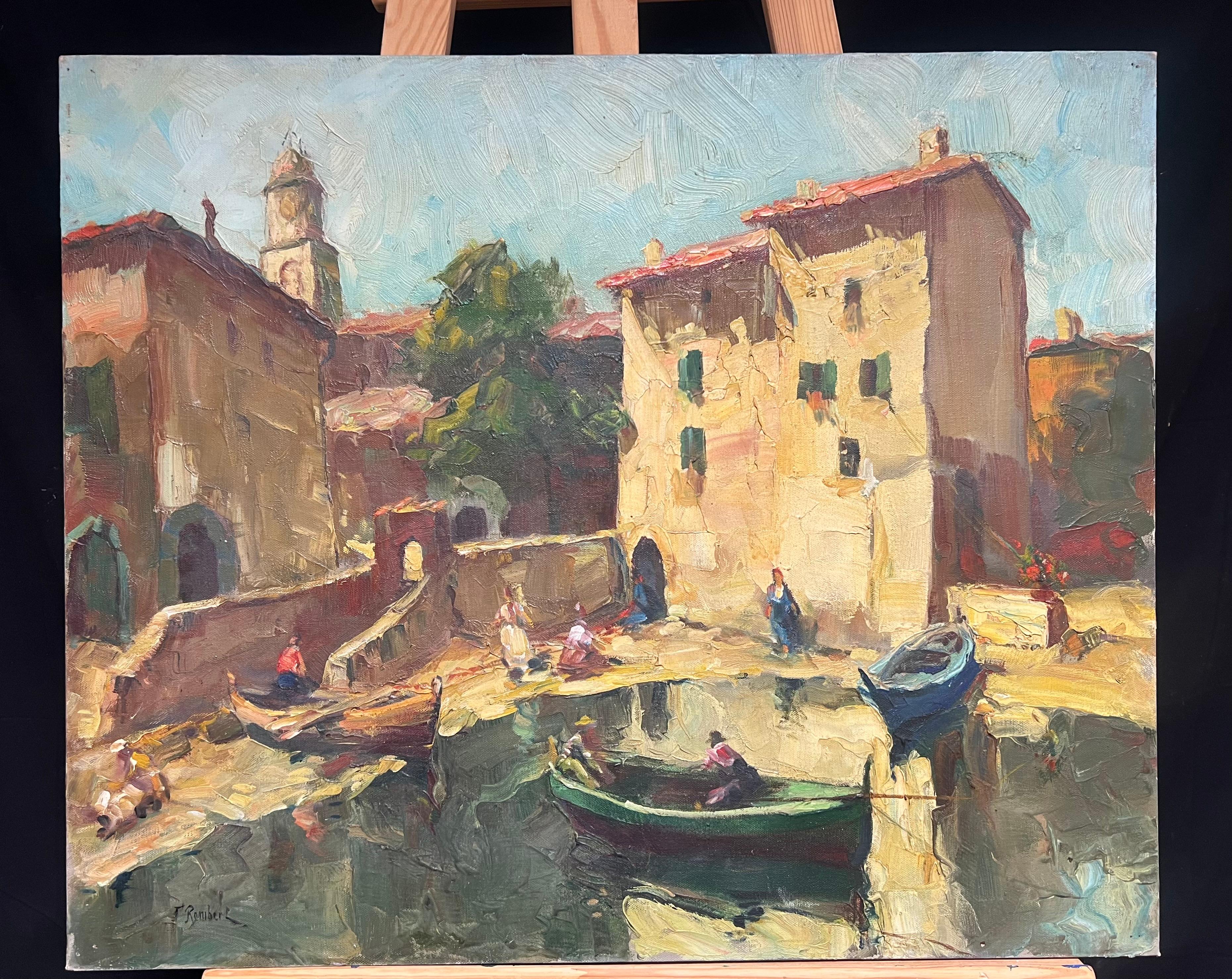 Porto di St. Tropez Sud della Francia Barche addormentate Pittura ad olio impressionista - Painting di French School