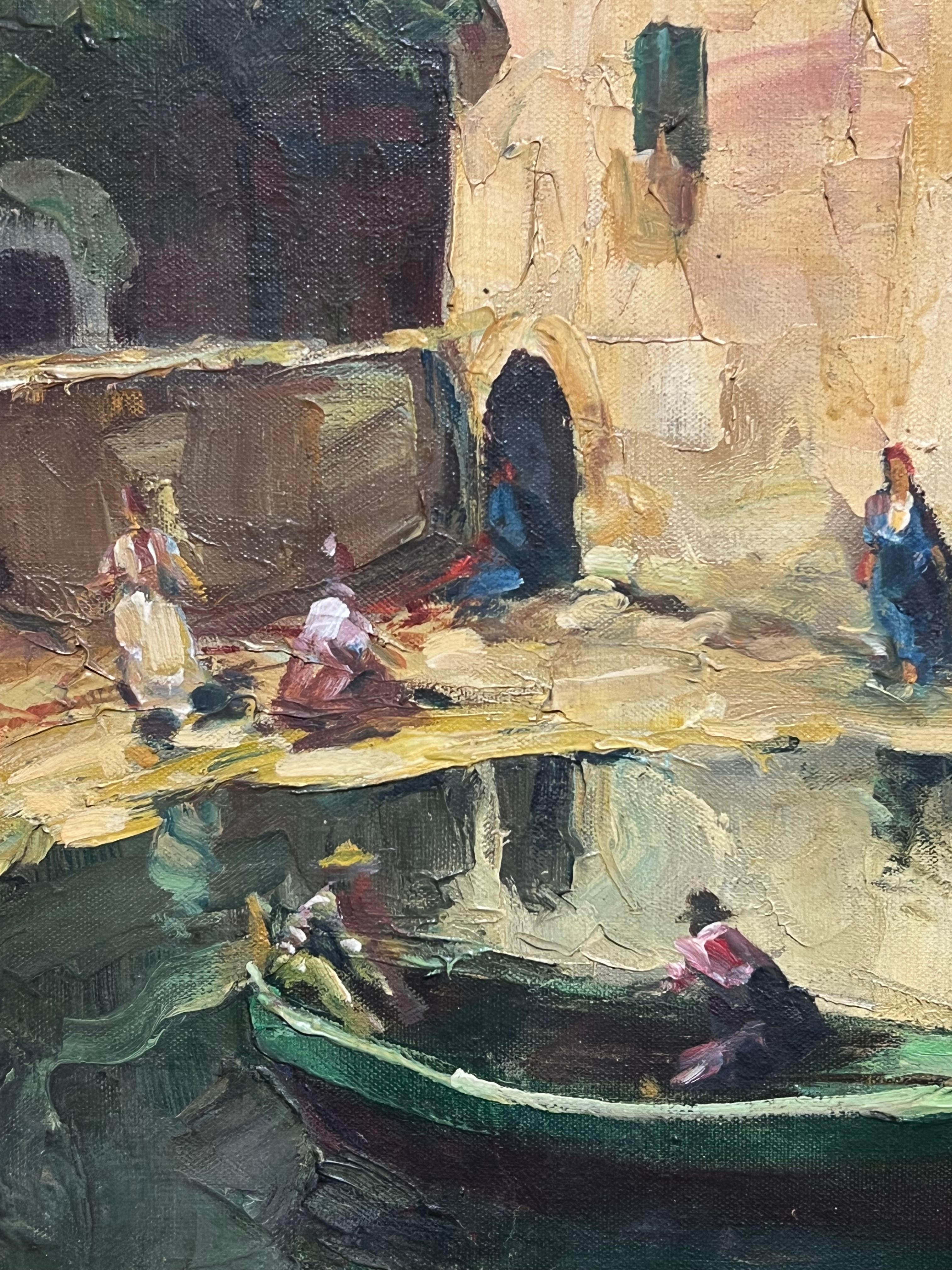 Porto di St. Tropez Sud della Francia Barche addormentate Pittura ad olio impressionista - Figurative Painting Marrone di French School