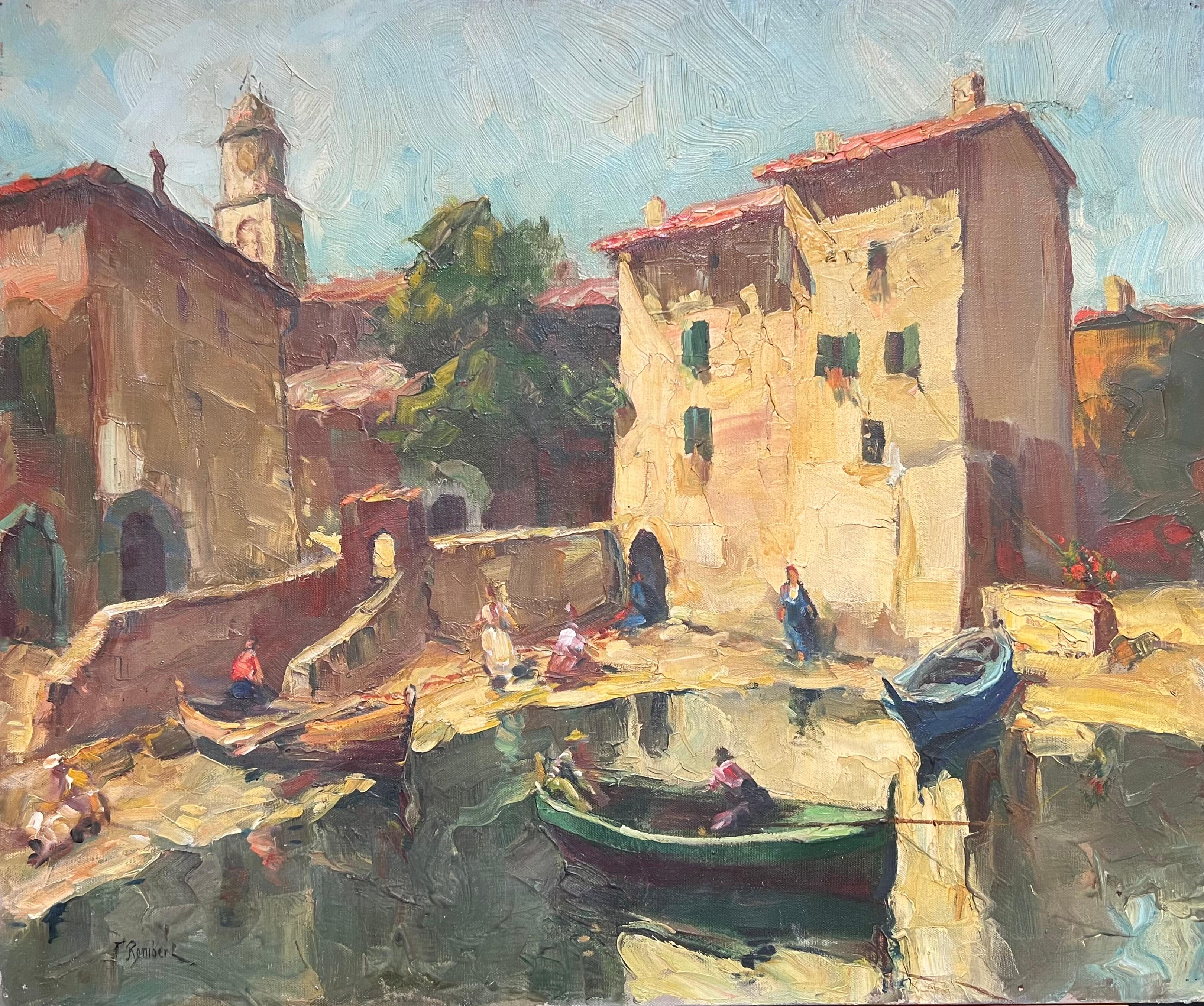 Figurative Painting di French School - Porto di St. Tropez Sud della Francia Barche addormentate Pittura ad olio impressionista