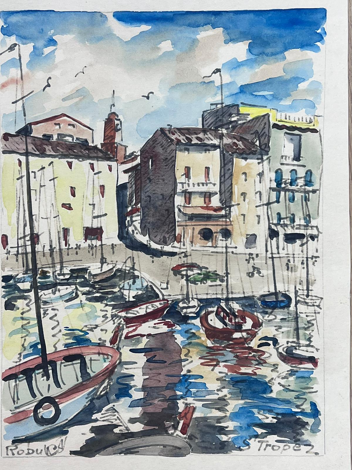 St Tropez Harbour 1960's Original French Watercolor Painting Signed & dated - Art by French School