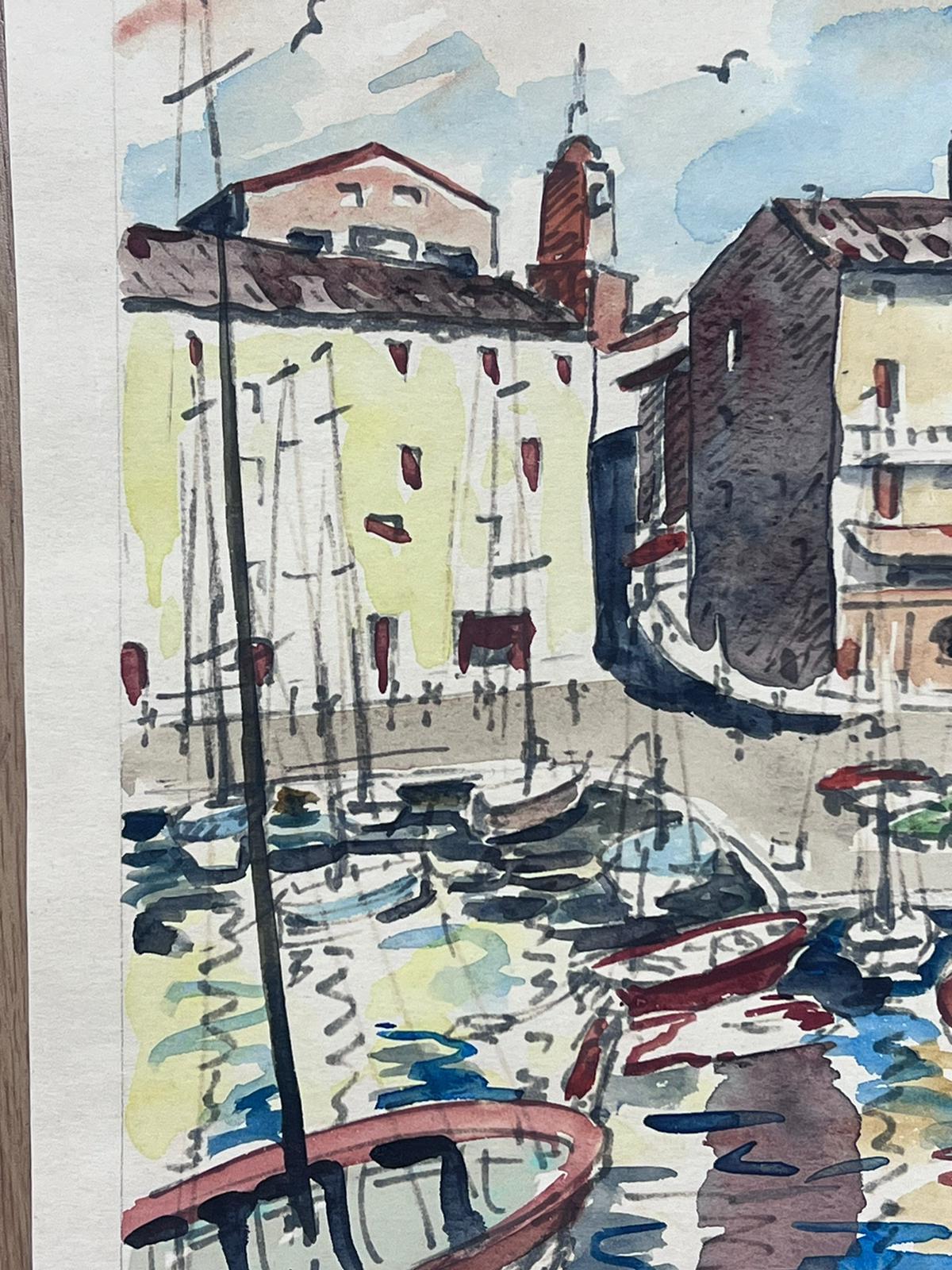 St Tropez Harbour 1960's Original French Watercolor Painting Signed & dated - Impressionist Art by French School