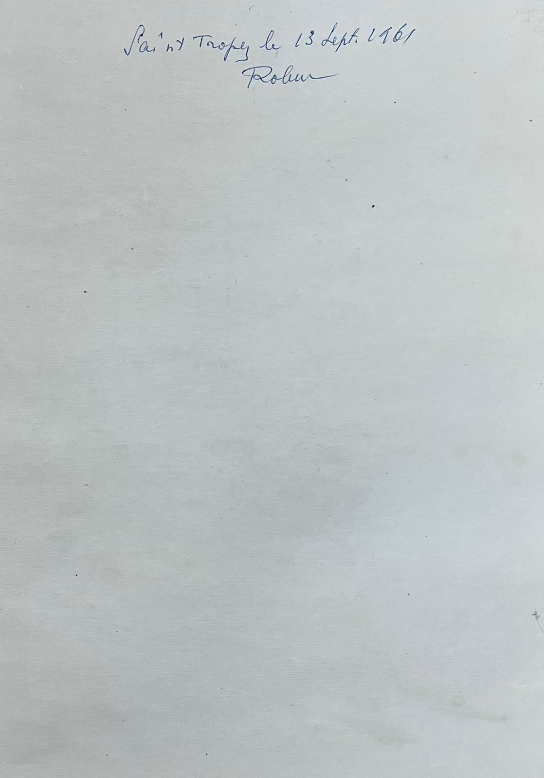 San Tropez
Escuela Francesa, hacia 1960
firmado y fechado, inscrito verso
acuarela sobre papel de artista, sin enmarcar
papel de artista: 14,5 x 10,5 pulgadas
procedencia: colección privada
estado: muy bueno y en buen estado 