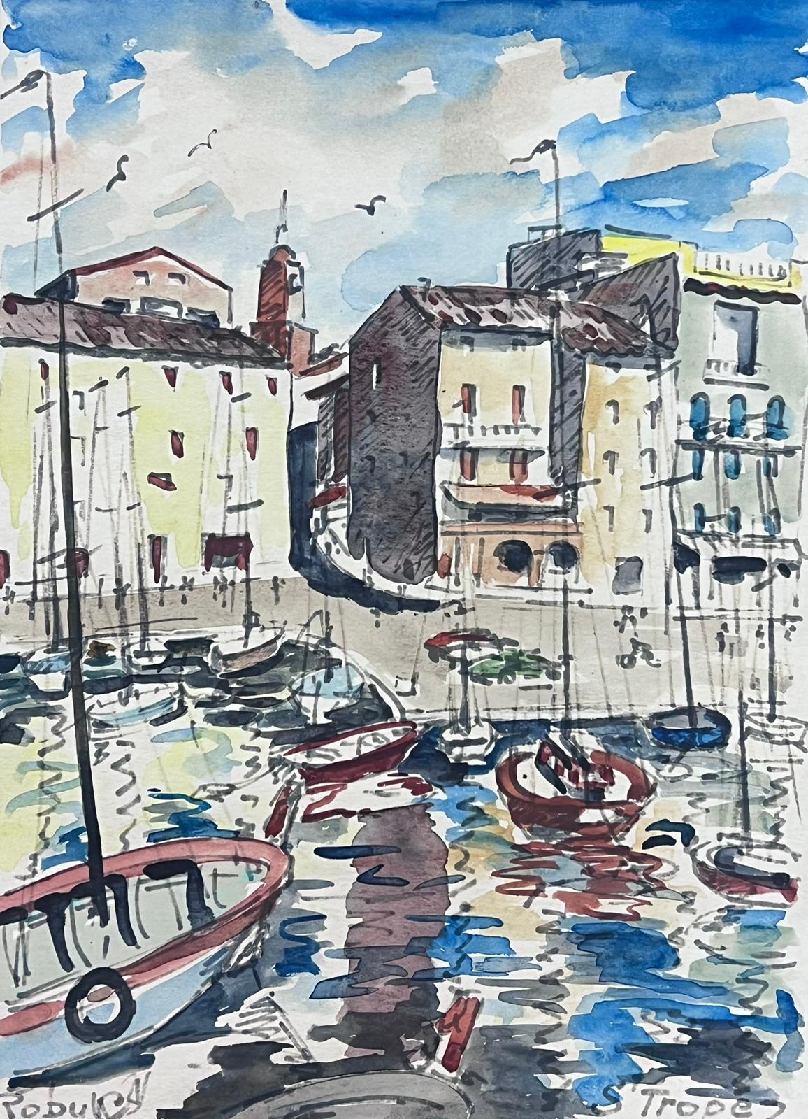 French School Landscape Art - St Tropez Harbour 1960's Original French Watercolor Painting Signed & dated