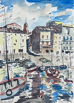Porto di Saint Tropez 1960 Pittura originale francese ad acquerello firmata e datata