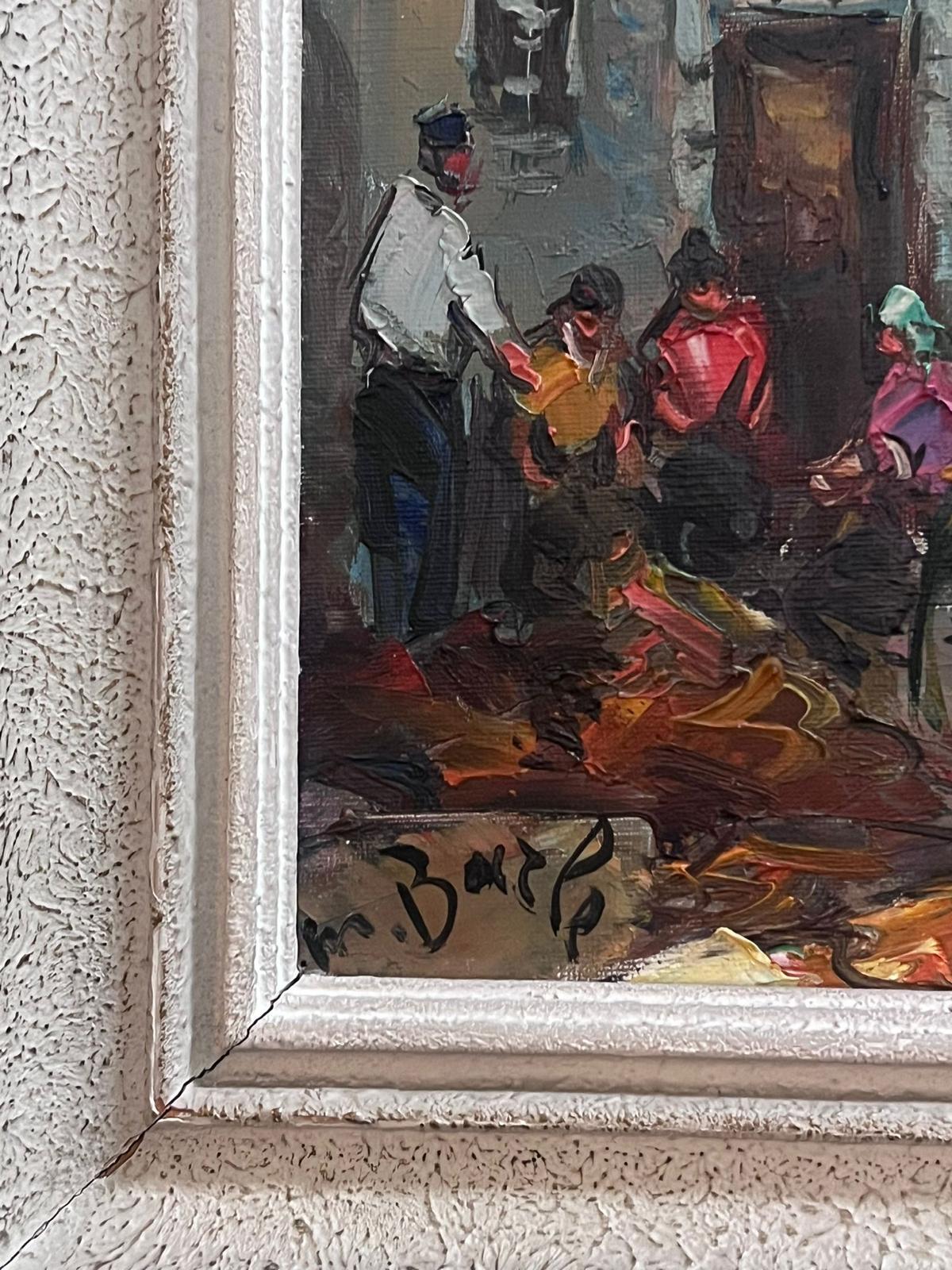 Pescadores del puerto de St Tropez cuidando las redes y la captura Firmado Óleo de mediados del siglo XX en venta 5