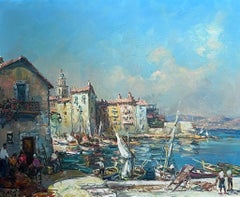 St Tropez Harbour Fishermen Tending Nets & Catch Signed Mid 20th Century Oil