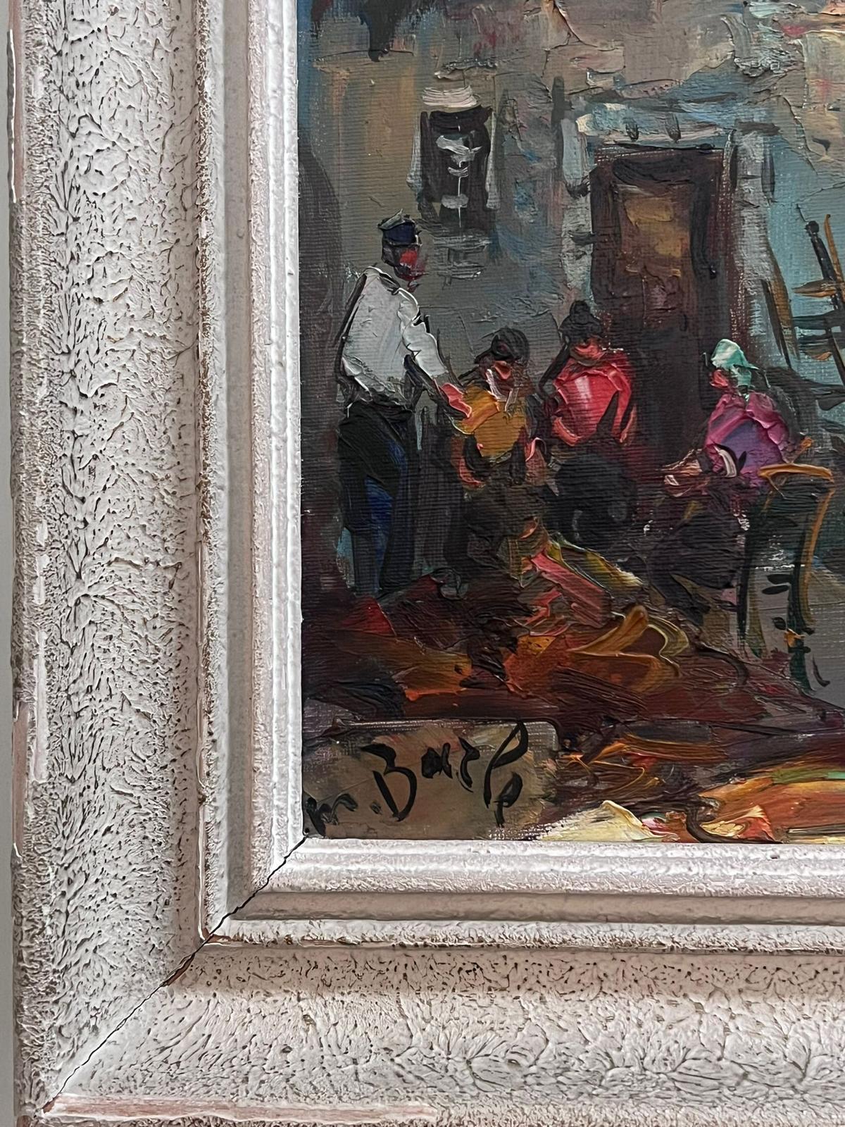 Pescadores del puerto de St Tropez cuidando las redes y la captura Firmado Óleo de mediados del siglo XX - Painting Escuela francesa de French School